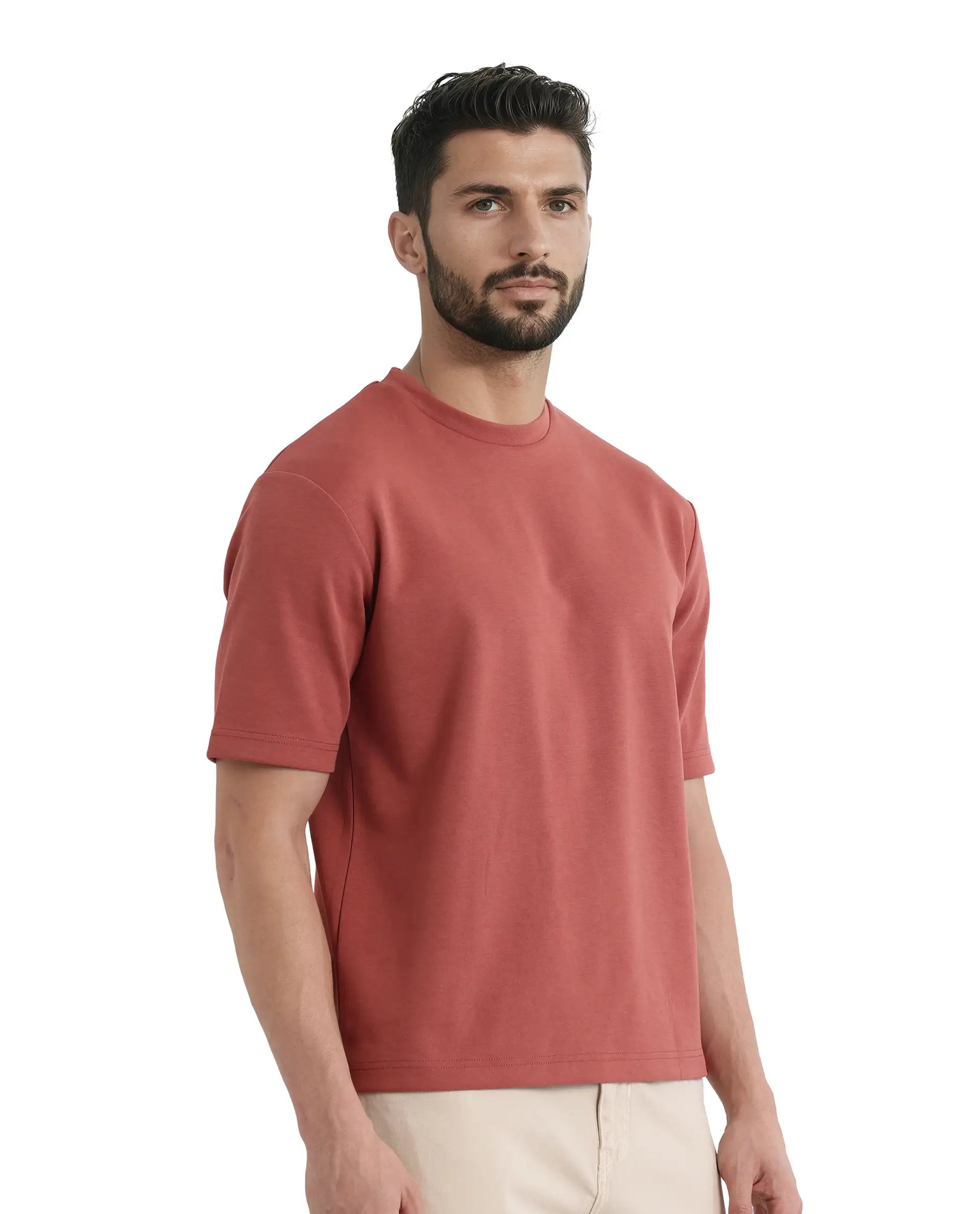 Rare Rabbit Men Qlot Dusky Rust Cotton Poly Fabric Short Sleeve Crew Neck Oversized Fit Plain T-Shirt