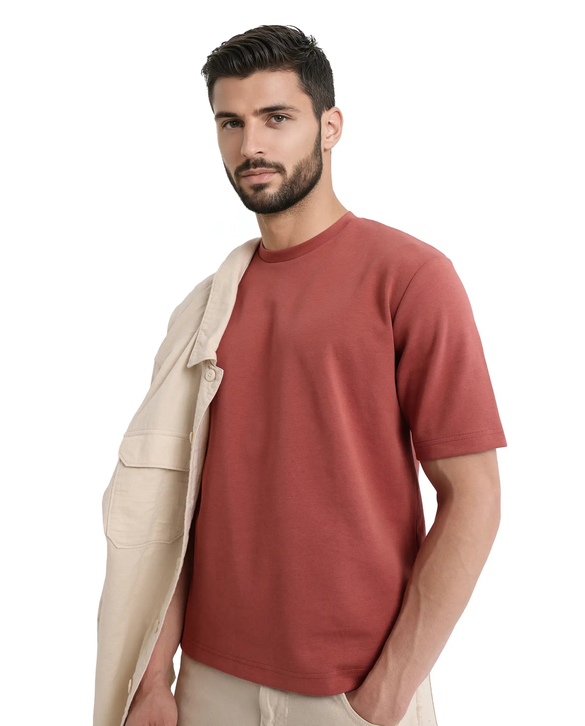 Rare Rabbit Men Qlot Dusky Rust Cotton Poly Fabric Short Sleeve Crew Neck Oversized Fit Plain T-Shirt