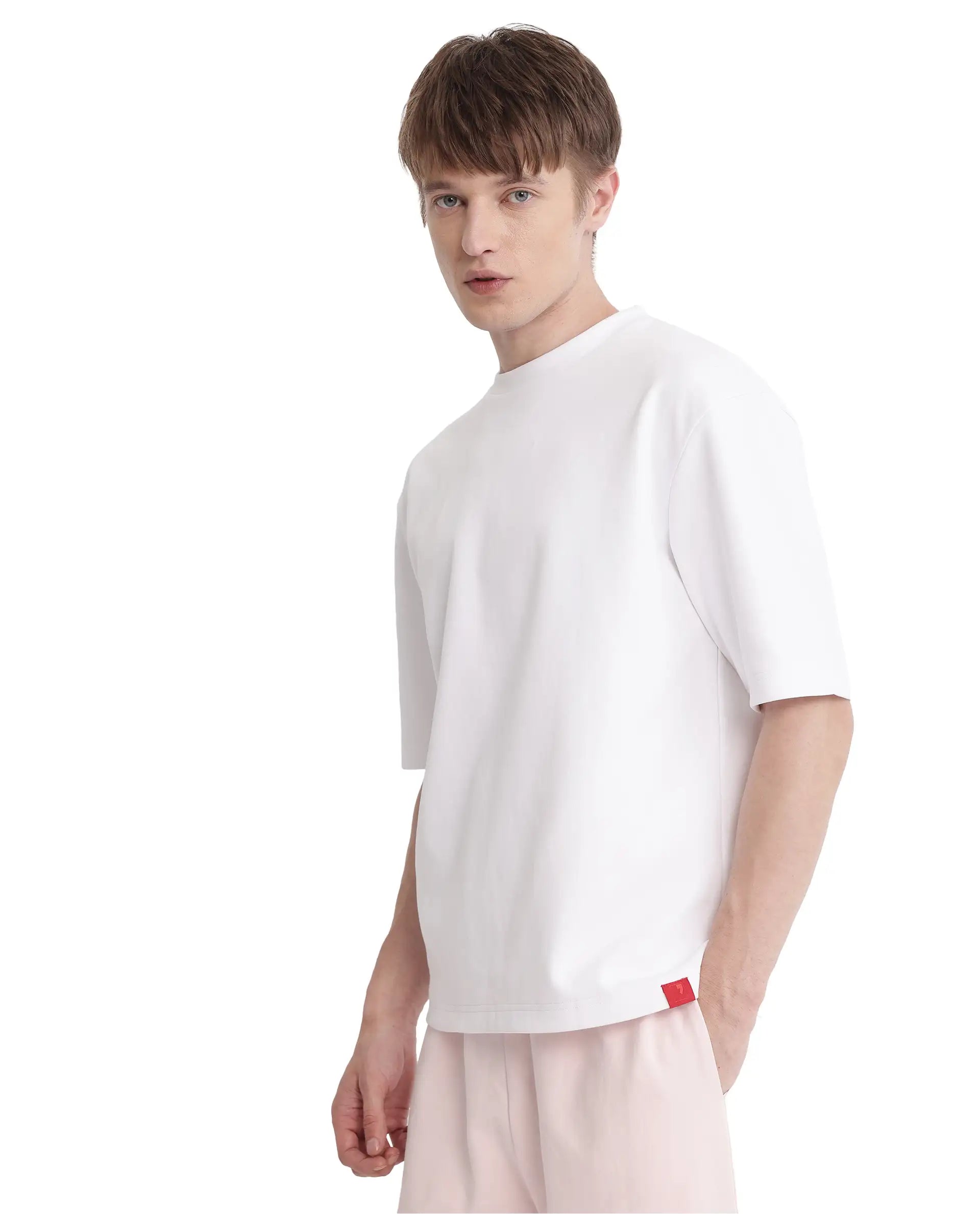 Rare Rabbit Men Qlot White Cotton Poly Fabric Short Sleeve Crew Neck Oversized Fit Plain T-Shirt