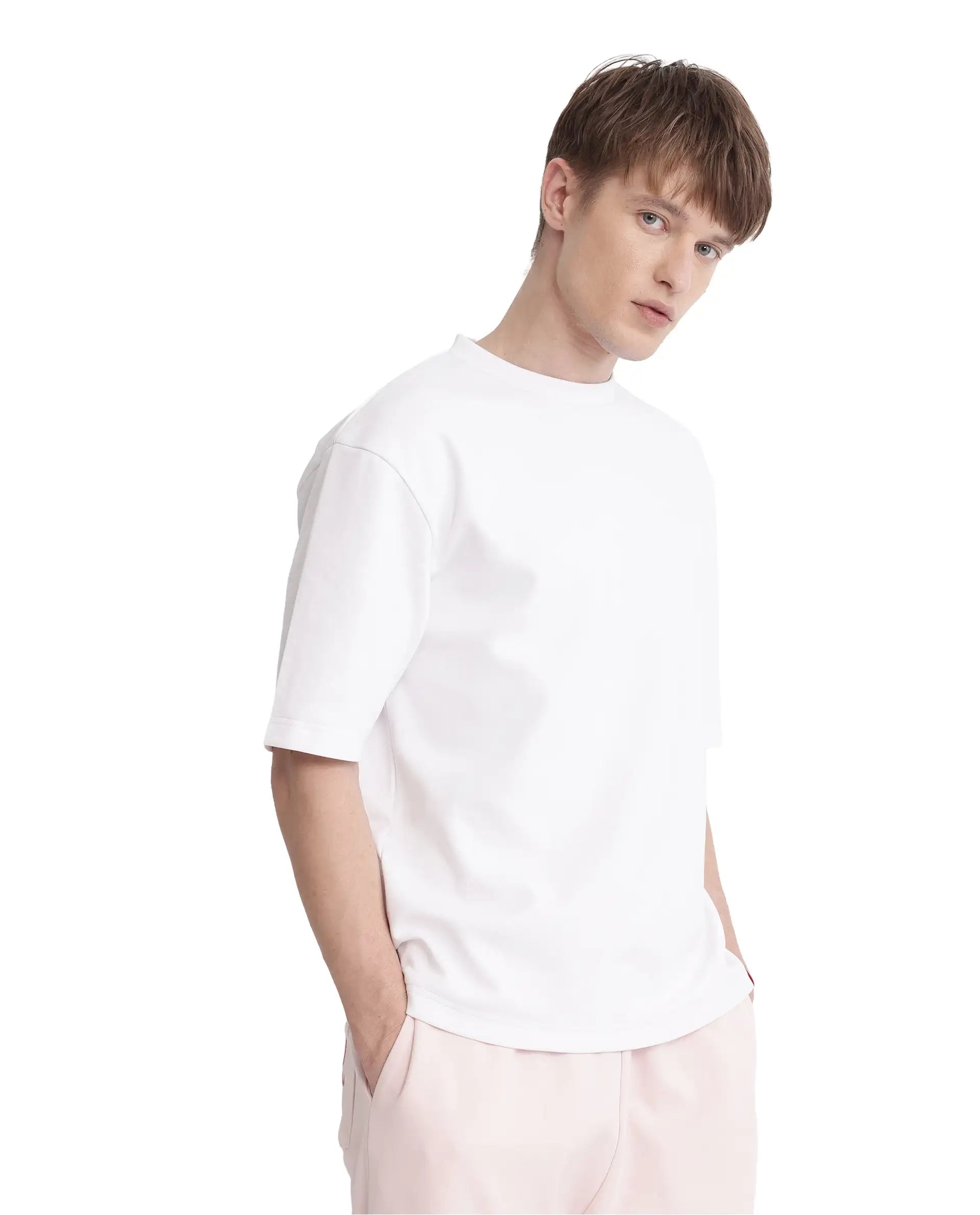 Rare Rabbit Men Qlot White Cotton Poly Fabric Short Sleeve Crew Neck Oversized Fit Plain T-Shirt