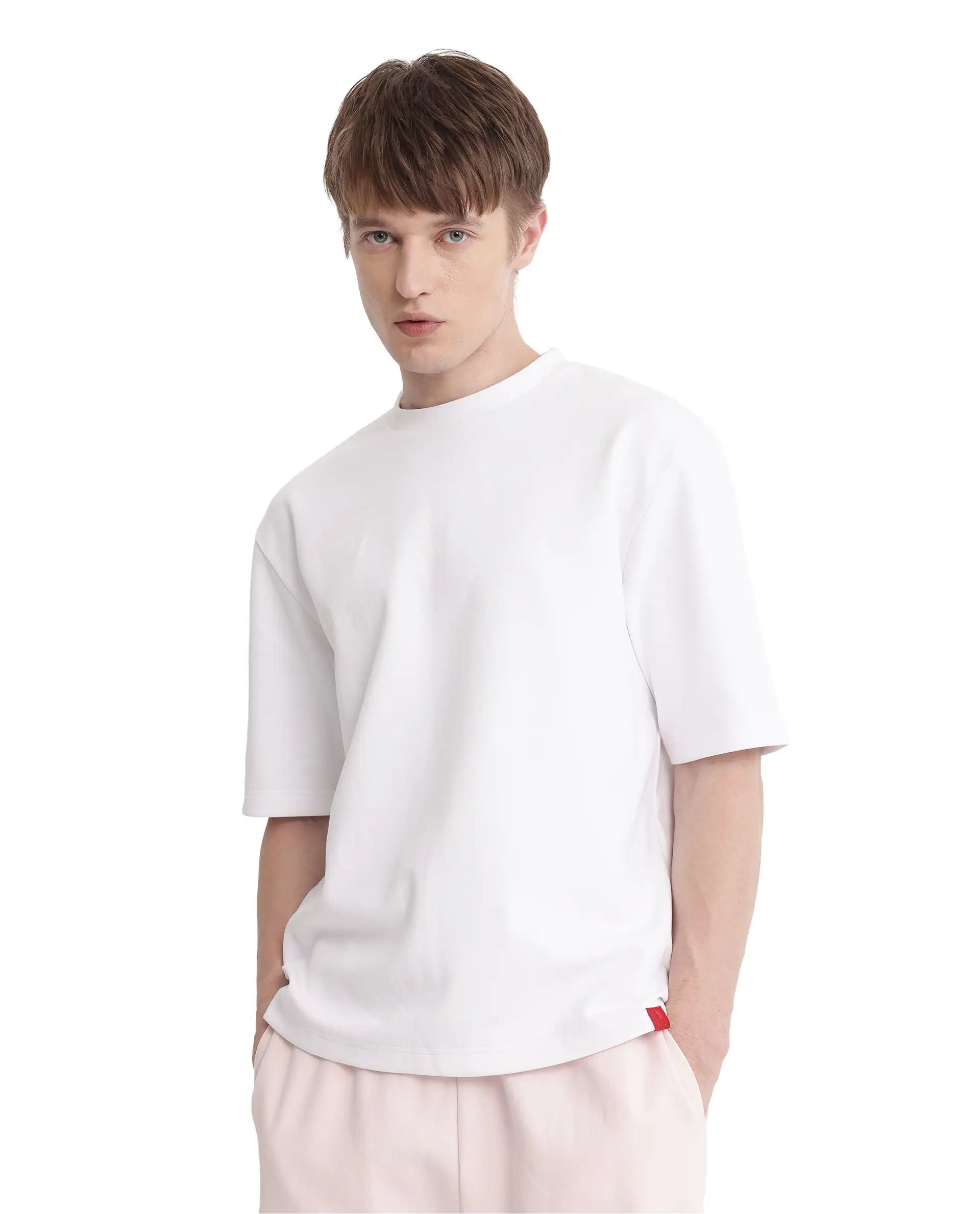 Rare Rabbit Men Qlot White Cotton Poly Fabric Short Sleeve Crew Neck Oversized Fit Plain T-Shirt