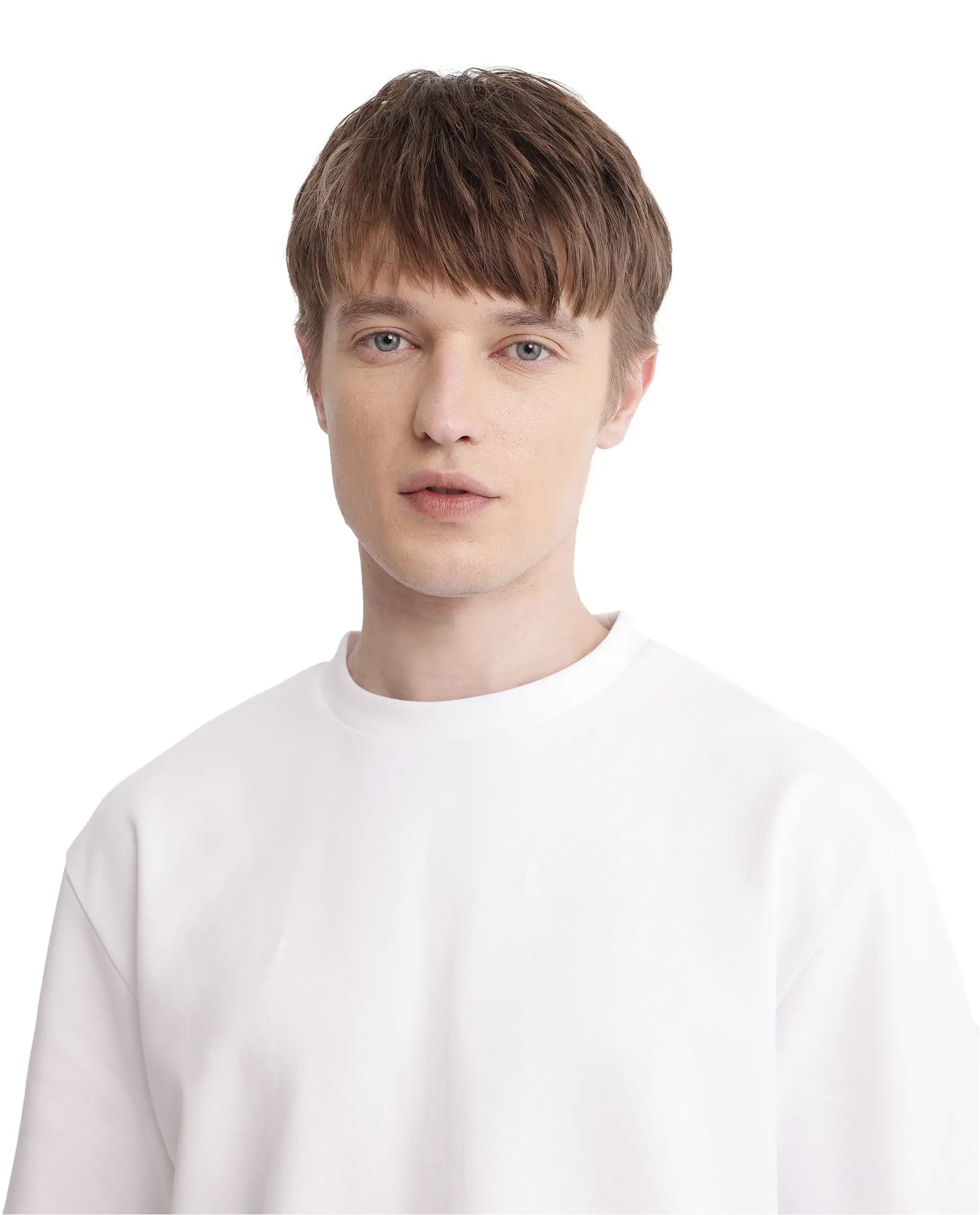 Rare Rabbit Men Qlot White Cotton Poly Fabric Short Sleeve Crew Neck Oversized Fit Plain T-Shirt