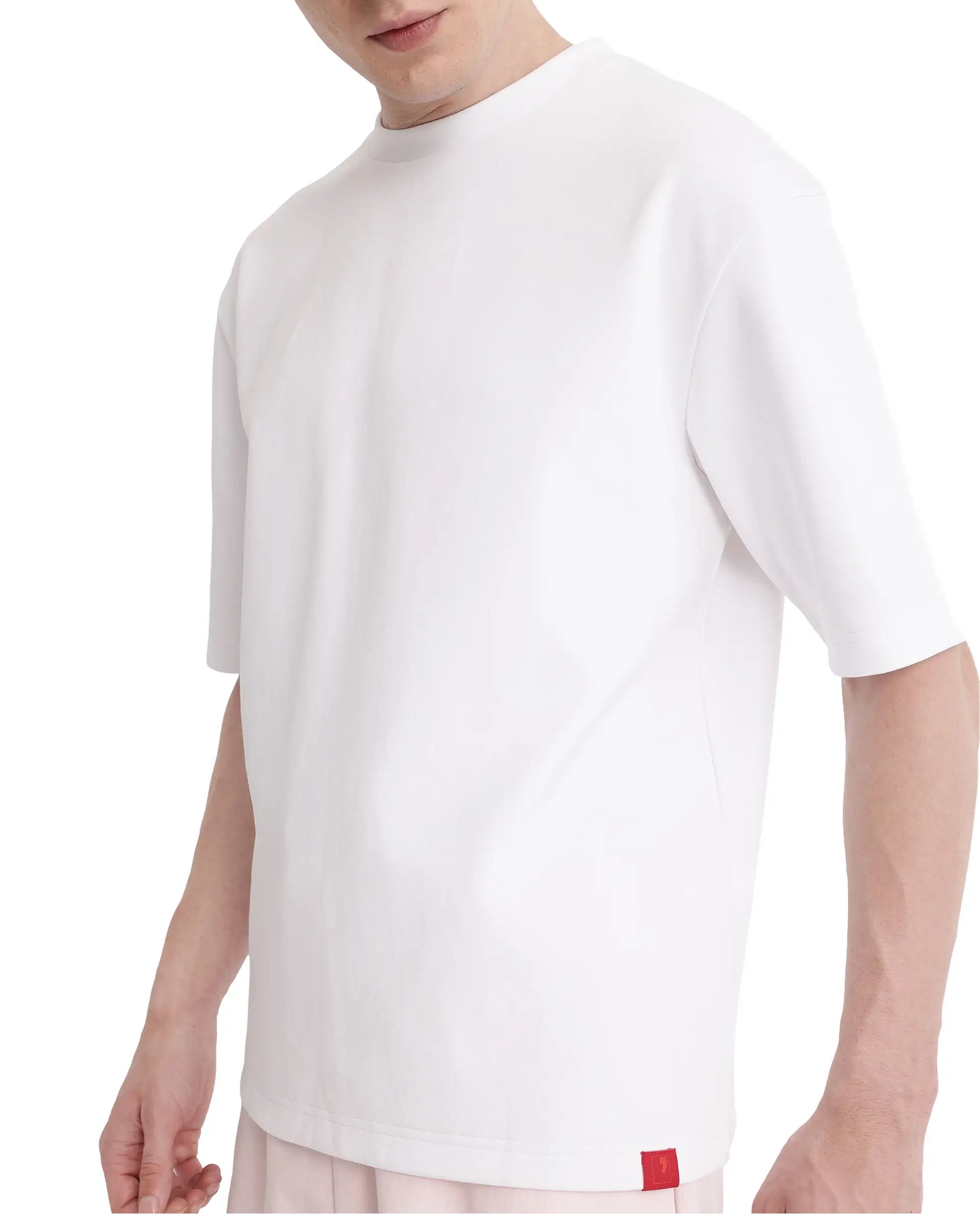 Rare Rabbit Men Qlot White Cotton Poly Fabric Short Sleeve Crew Neck Oversized Fit Plain T-Shirt