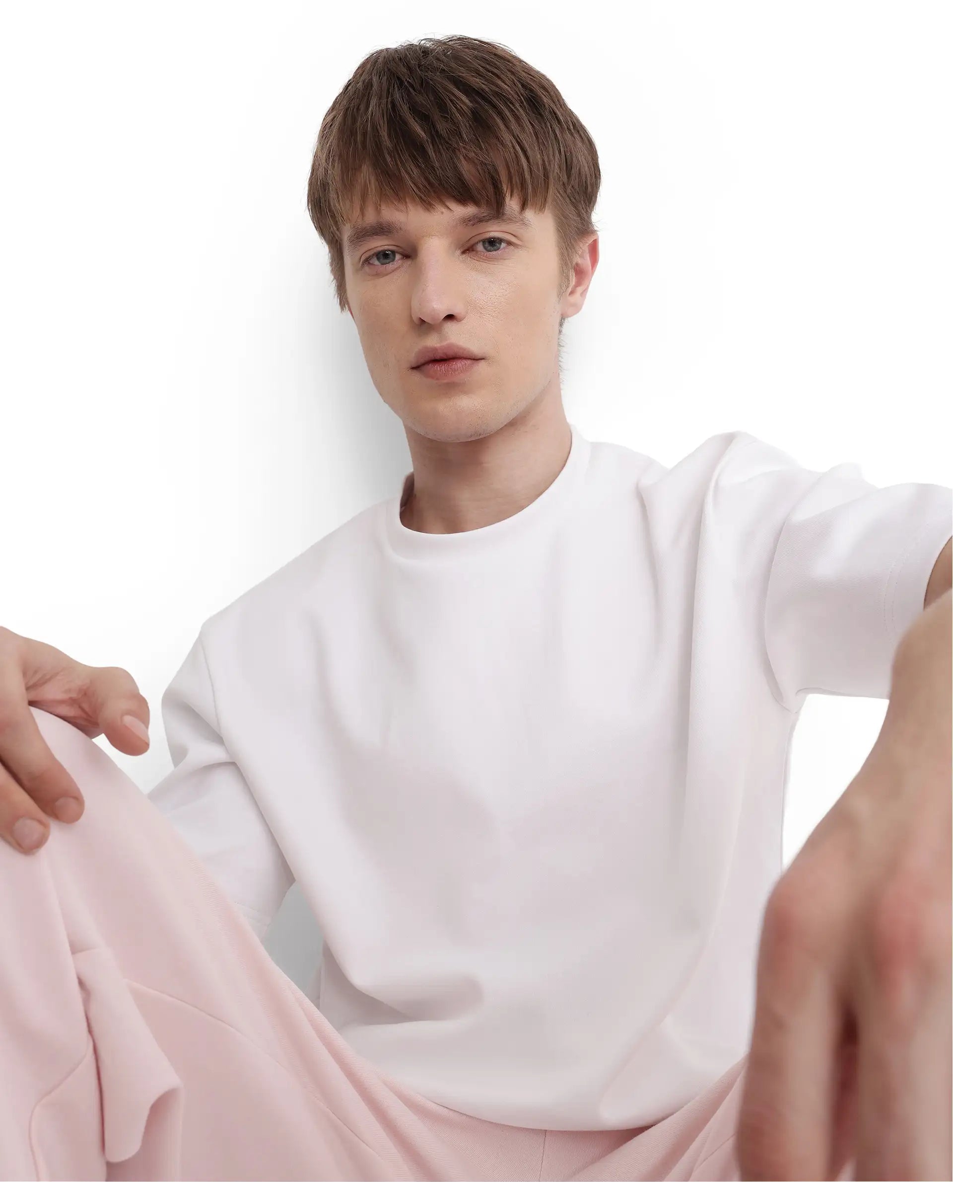 Rare Rabbit Men Qlot White Cotton Poly Fabric Short Sleeve Crew Neck Oversized Fit Plain T-Shirt