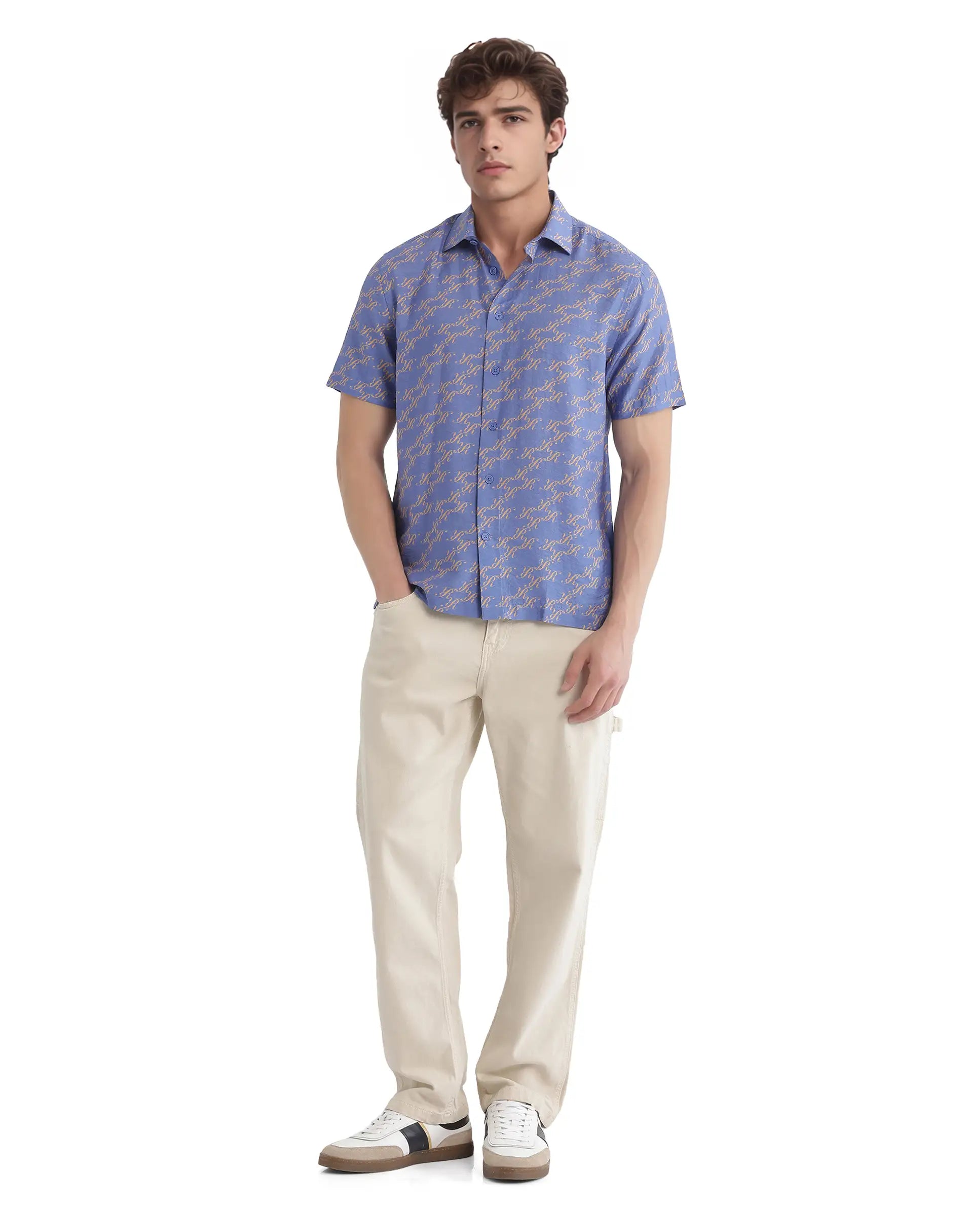 Rare Rabbit Men Qoto Light Purple Viscose Fabric Regular Fit Short Sleeve Regular Collared All Over Monogram Printed Shirt