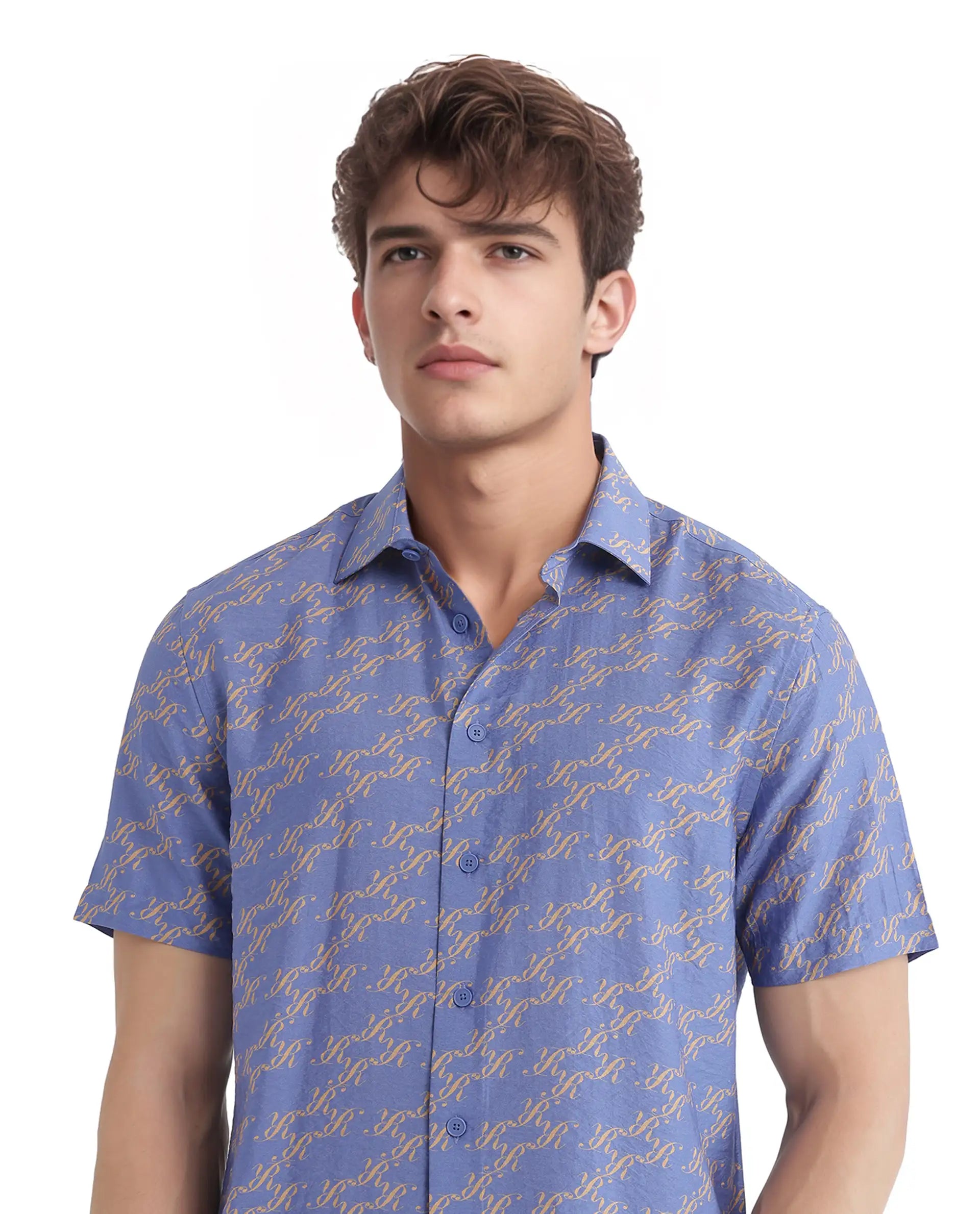 Rare Rabbit Men Qoto Light Purple Viscose Fabric Regular Fit Short Sleeve Regular Collared All Over Monogram Printed Shirt