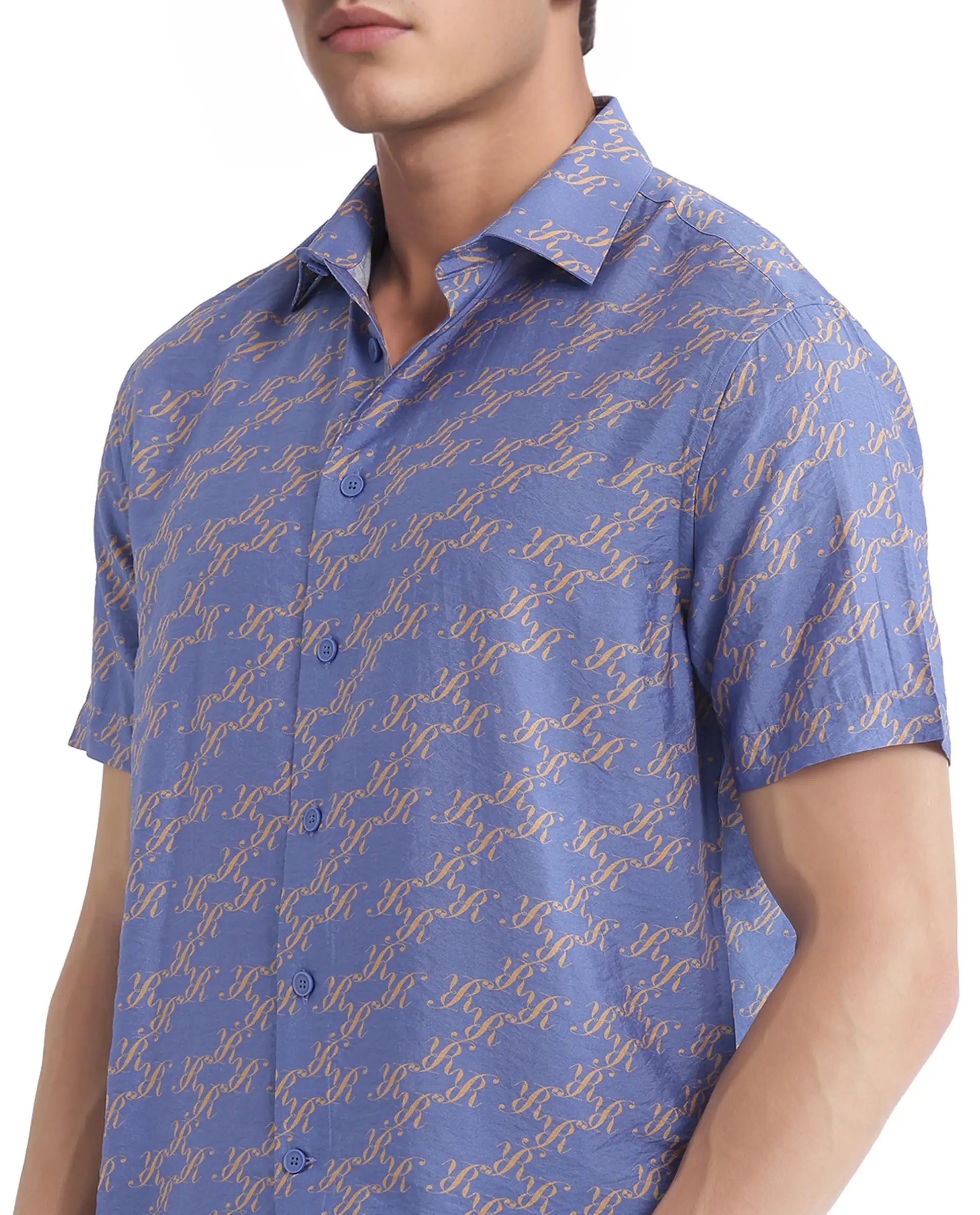 Rare Rabbit Men Qoto Light Purple Viscose Fabric Regular Fit Short Sleeve Regular Collared All Over Monogram Printed Shirt