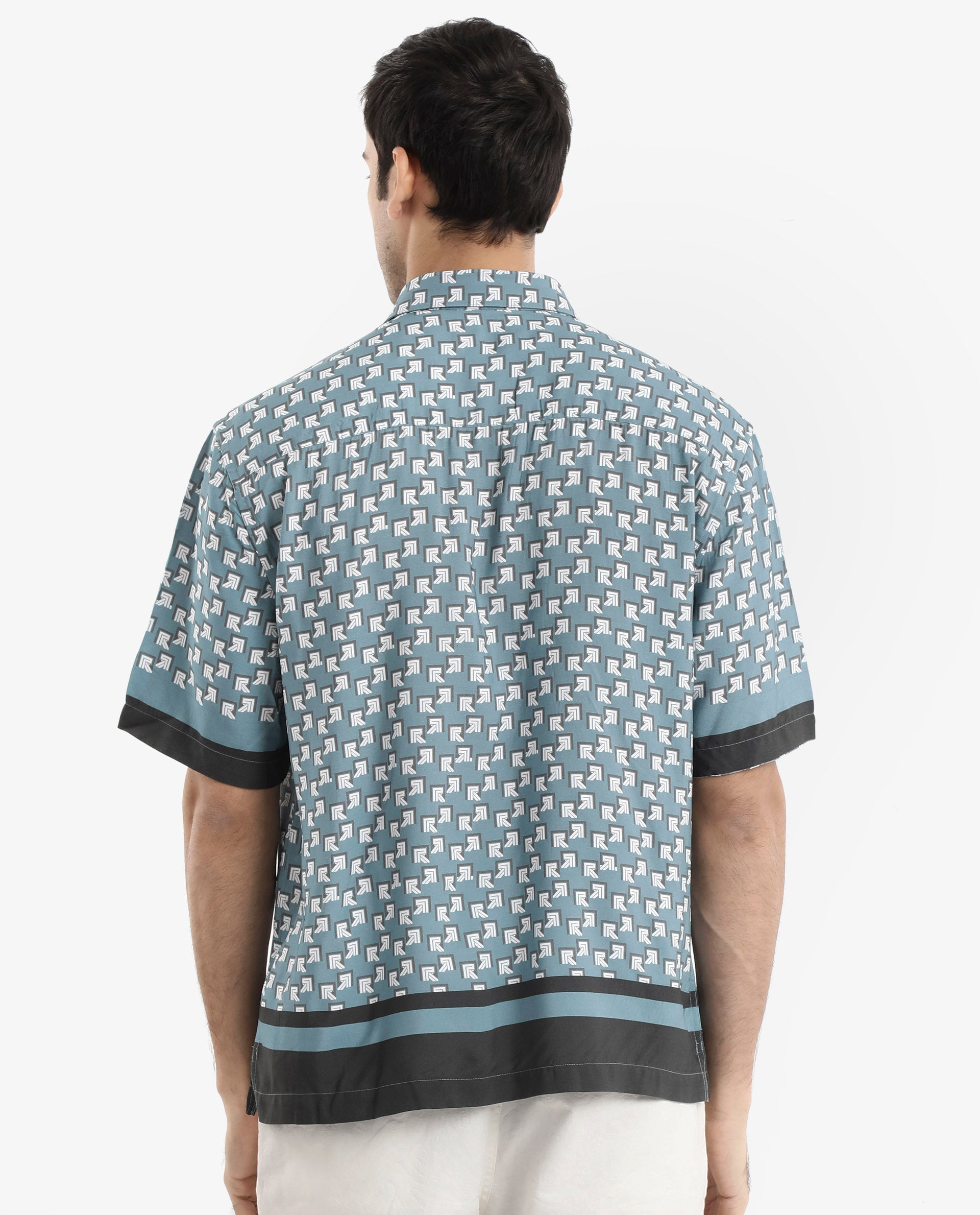 Rare Rabbit Men's Qran Dusky Petrol Viscose Fabric Short Sleeve Boxy Fit Monogram Print Shirt