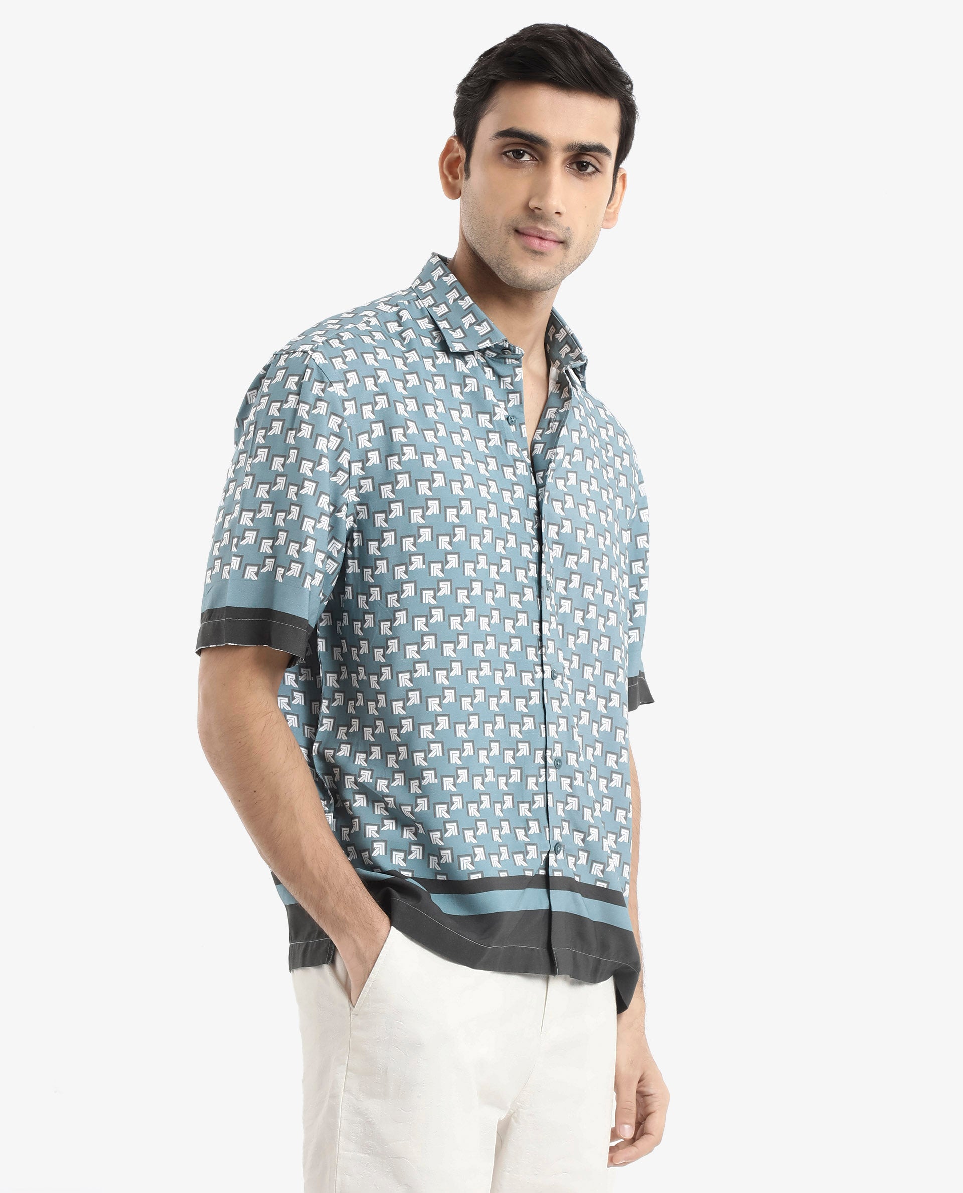 Rare Rabbit Men's Qran Dusky Petrol Viscose Fabric Short Sleeve Boxy Fit Monogram Print Shirt
