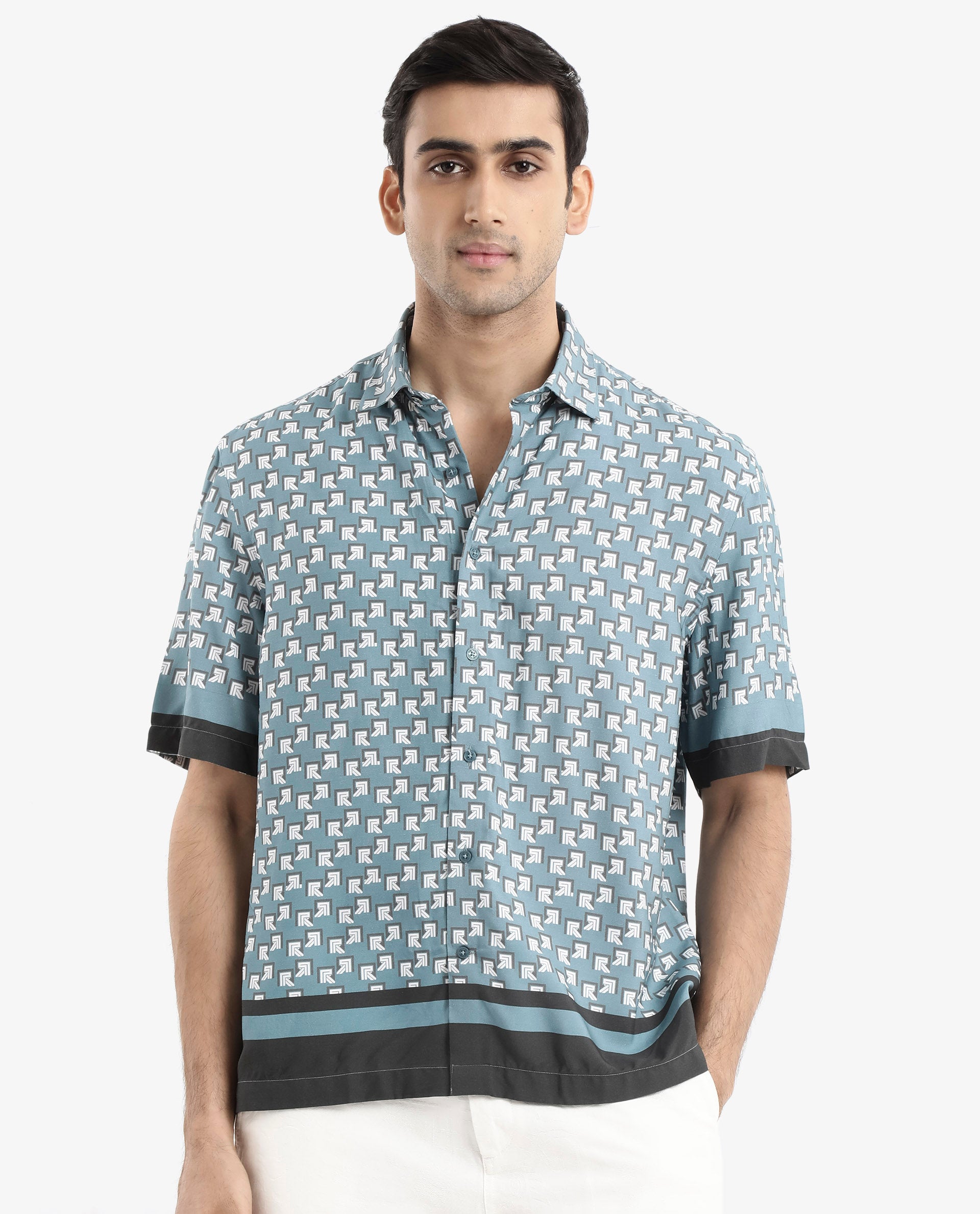 Rare Rabbit Men's Qran Dusky Petrol Viscose Fabric Short Sleeve Boxy Fit Monogram Print Shirt