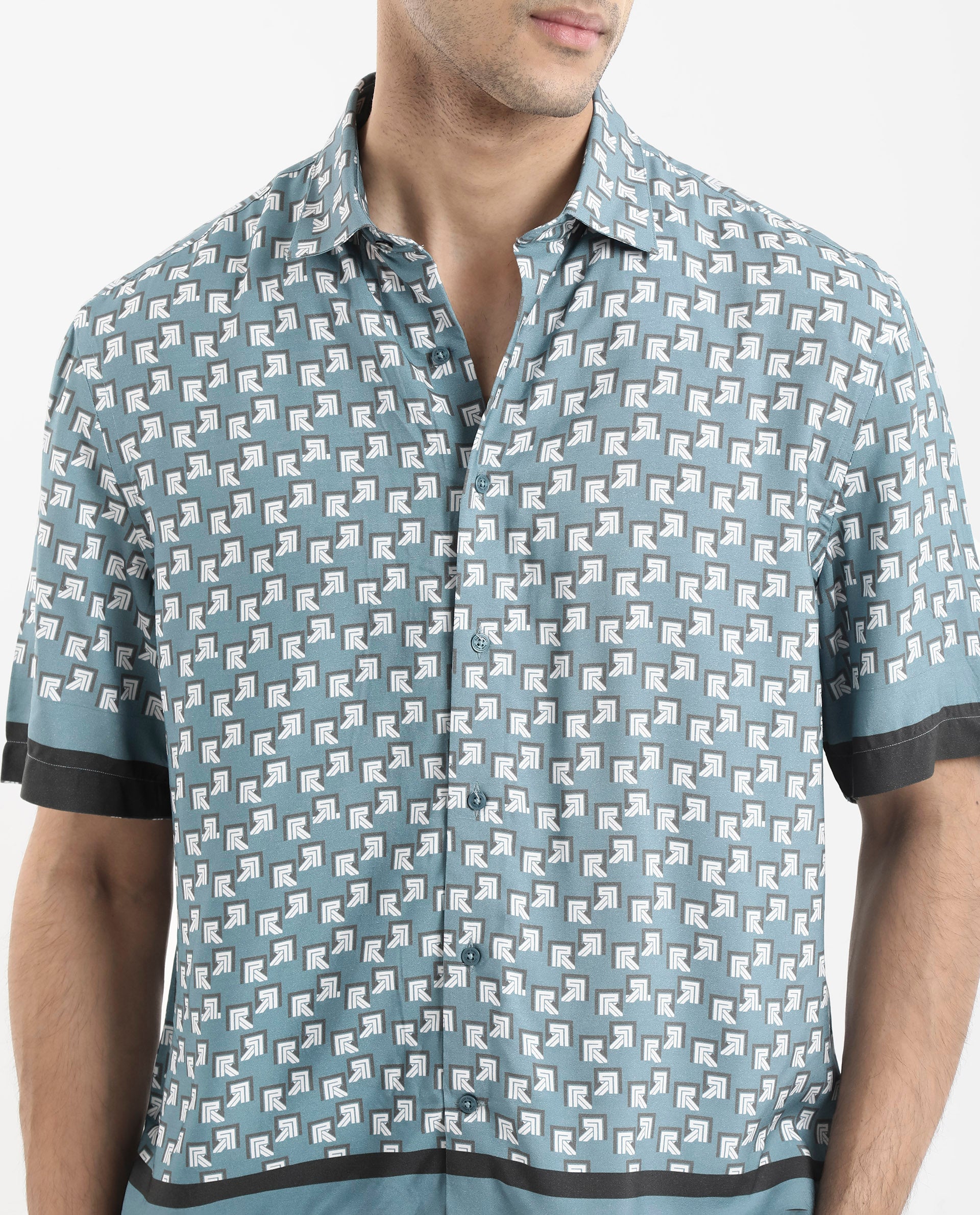 Rare Rabbit Men's Qran Dusky Petrol Viscose Fabric Short Sleeve Boxy Fit Monogram Print Shirt