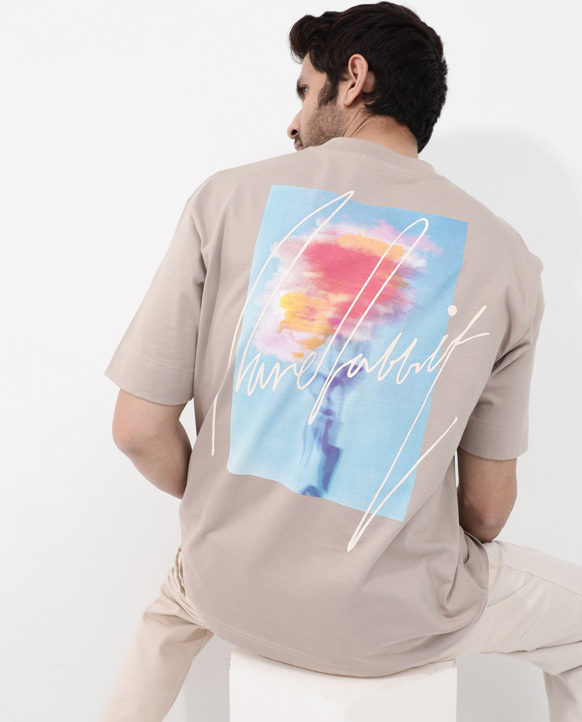 Rare Rabbit Articale Mens Quade Beige Cotton Polyester Fabric Short Sleeve Crew Neck Oversized Fit Graphic Printed T-Shirt