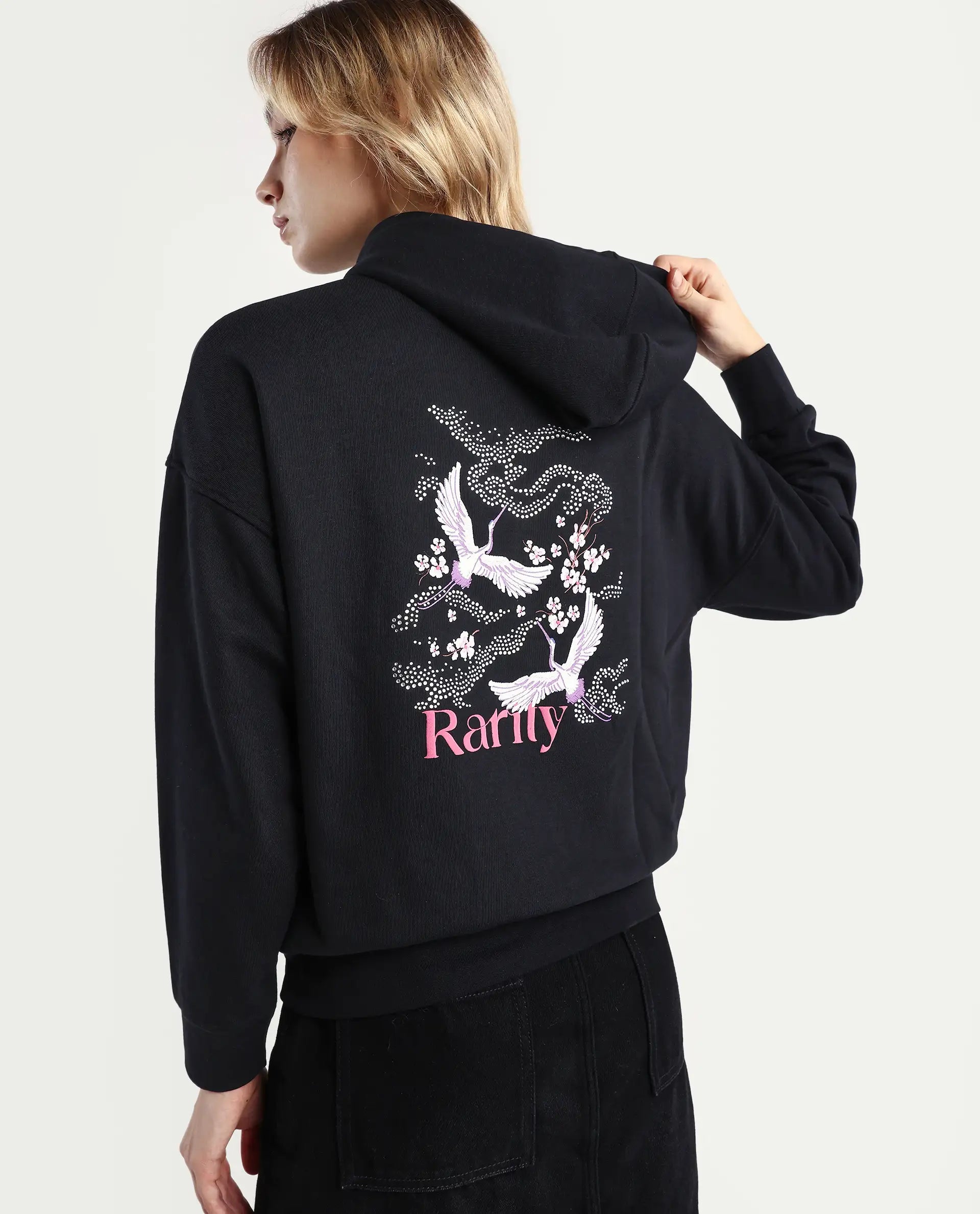 Rareism Women's Quash Black Cotton Blend Hooded Graphic Print Relaxed Fit Sweatshirt