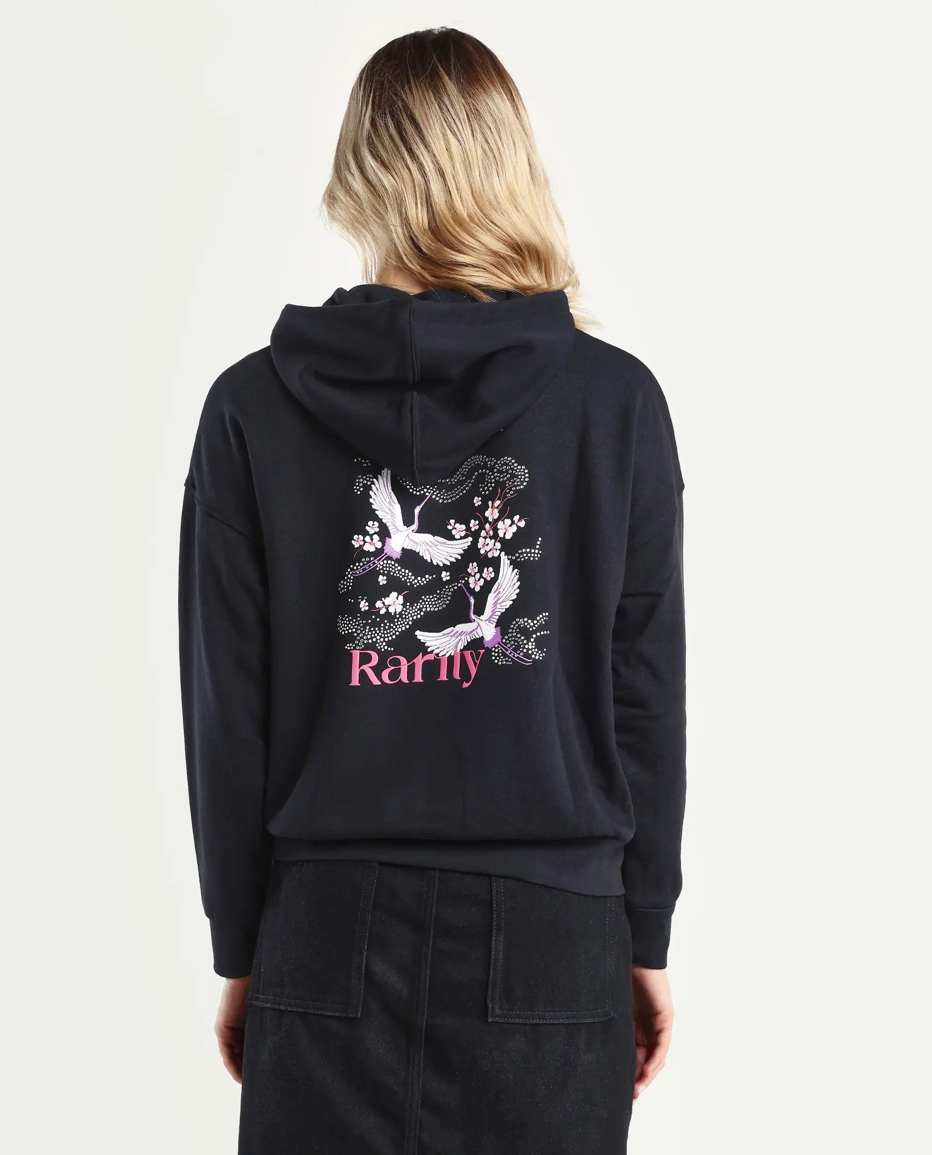 Rareism Women's Quash Black Cotton Blend Hooded Graphic Print Relaxed Fit Sweatshirt