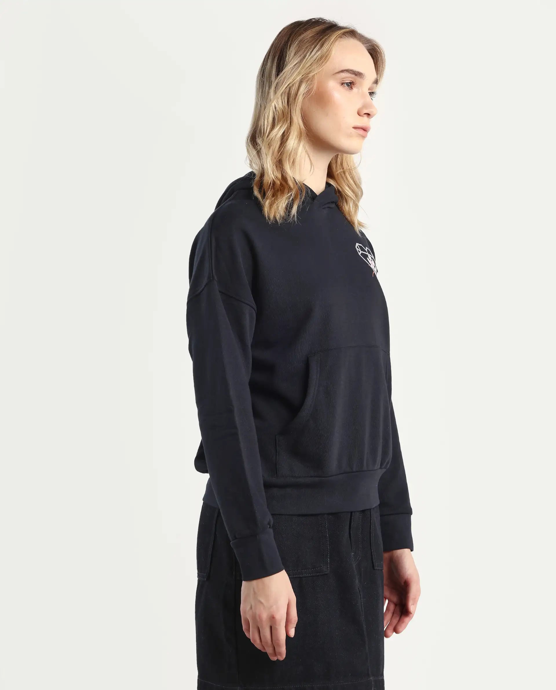 Rareism Women's Quash Black Cotton Blend Hooded Graphic Print Relaxed Fit Sweatshirt