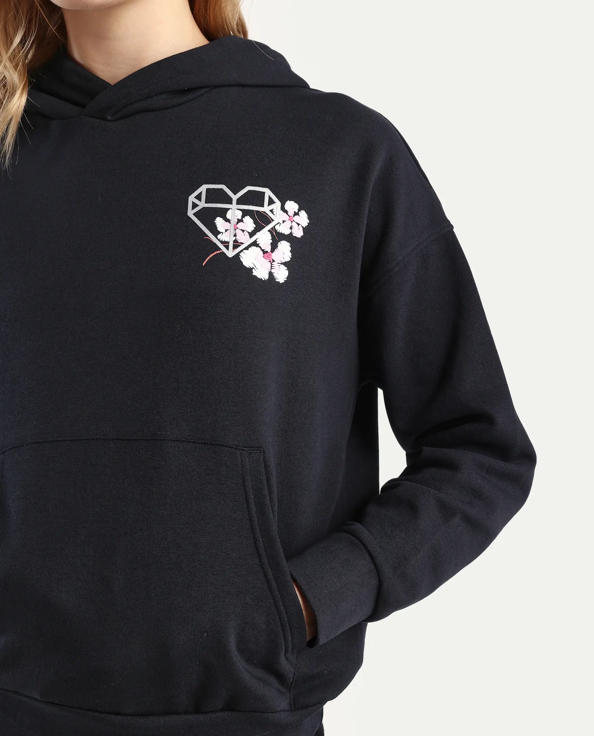 Rareism Women's Quash Black Cotton Blend Hooded Graphic Print Relaxed Fit Sweatshirt