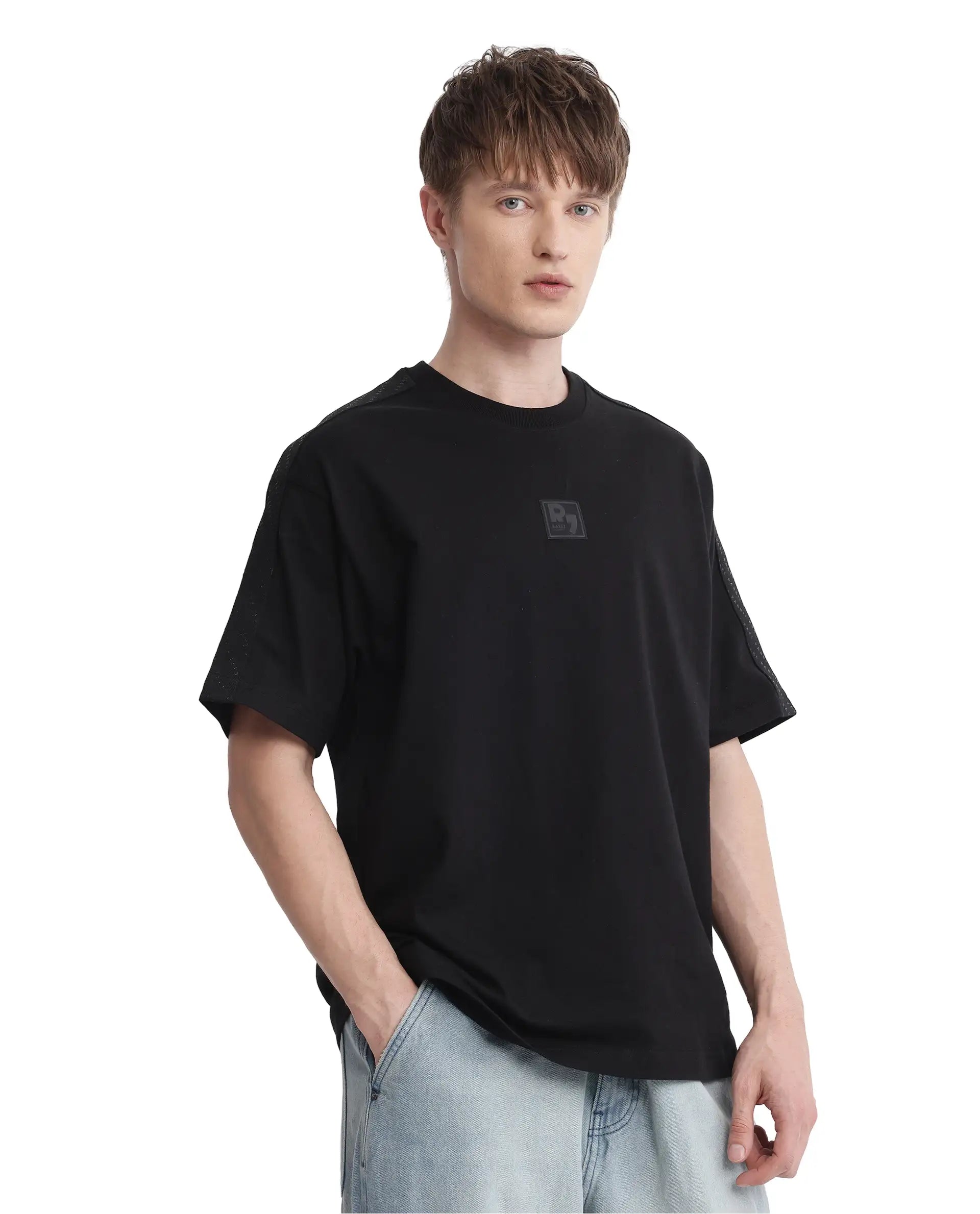 Rare Rabbit Men Quate Black Cotton Fabric Short Sleeve with Tape Details Badge Branding Boxy Fit Badge Branding T-Shirt