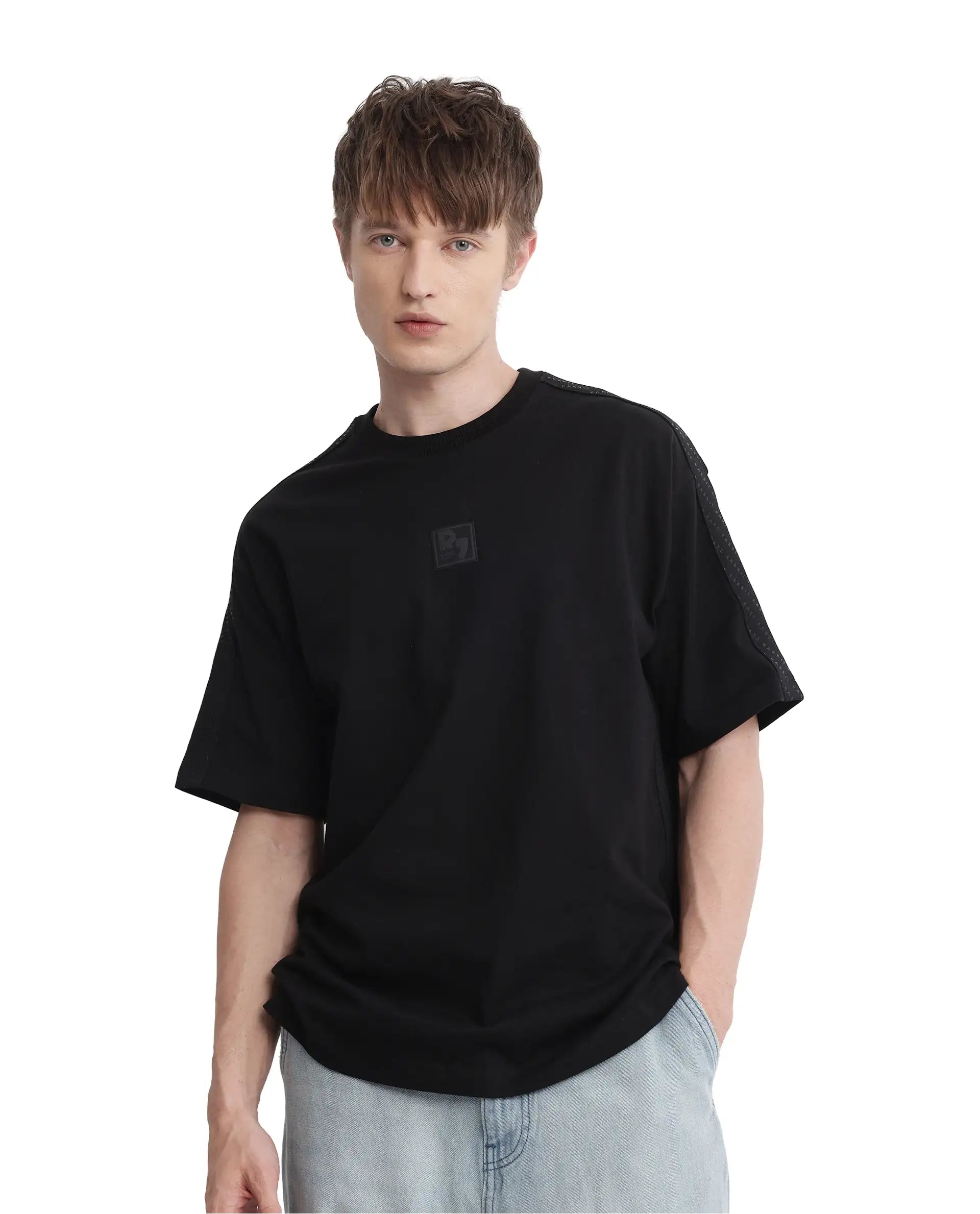 Rare Rabbit Men Quate Black Cotton Fabric Short Sleeve with Tape Details Badge Branding Boxy Fit Badge Branding T-Shirt