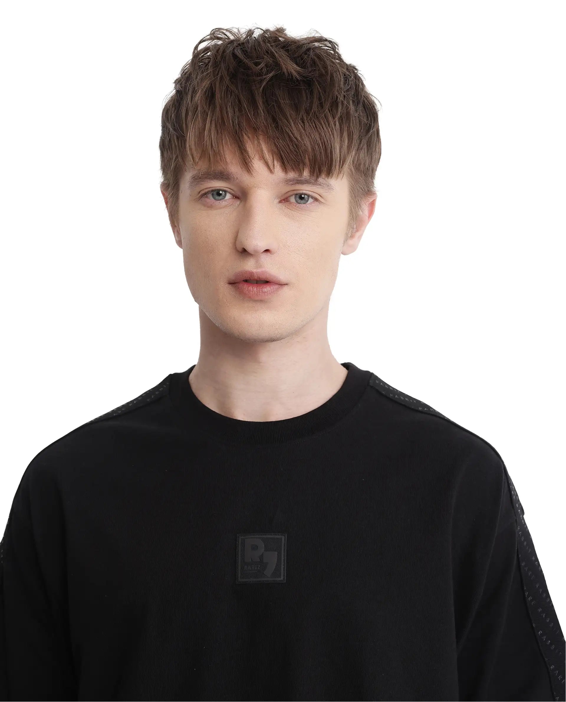 Rare Rabbit Men Quate Black Cotton Fabric Short Sleeve with Tape Details Badge Branding Boxy Fit Badge Branding T-Shirt