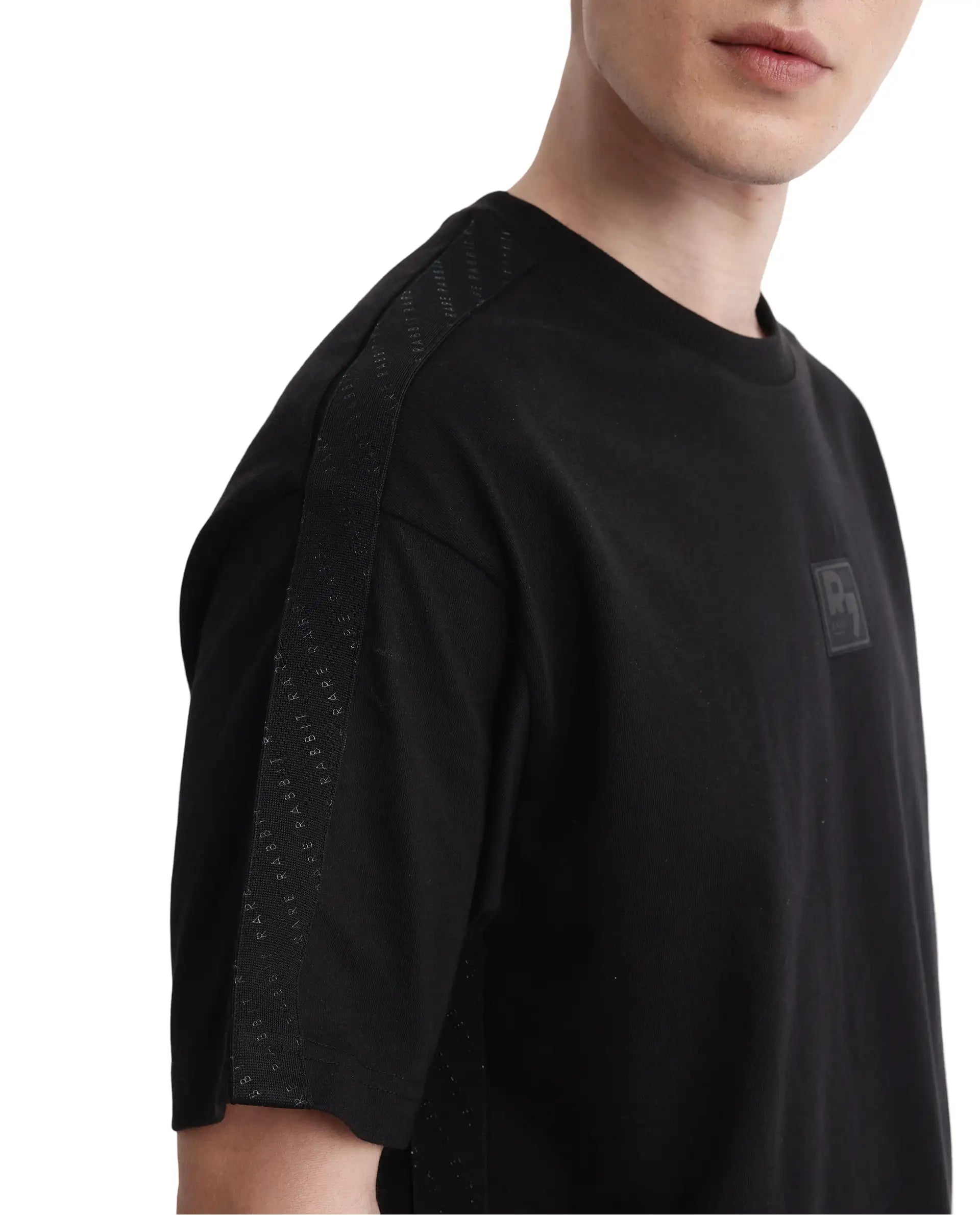 Rare Rabbit Men Quate Black Cotton Fabric Short Sleeve with Tape Details Badge Branding Boxy Fit Badge Branding T-Shirt