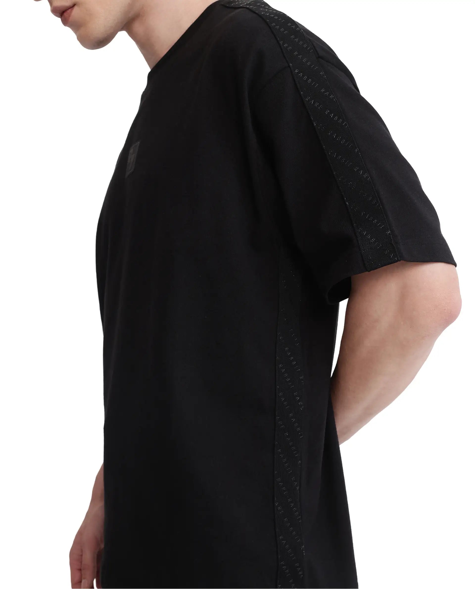 Rare Rabbit Men Quate Black Cotton Fabric Short Sleeve with Tape Details Badge Branding Boxy Fit Badge Branding T-Shirt