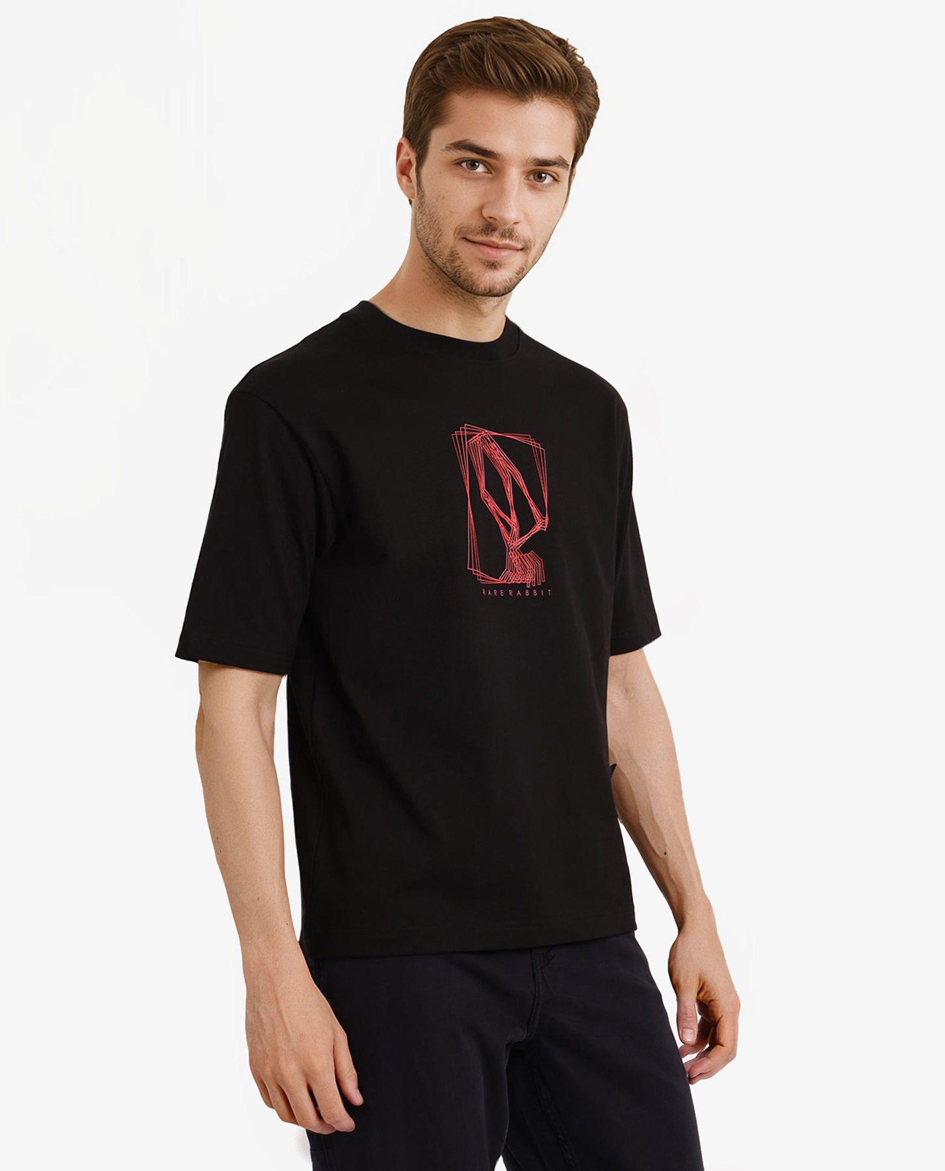 Rare Rabbit Men Que Black Cotton Fabric Short Sleeve Crew Neck Oversized Fit Graphic Logo Print T-Shirt