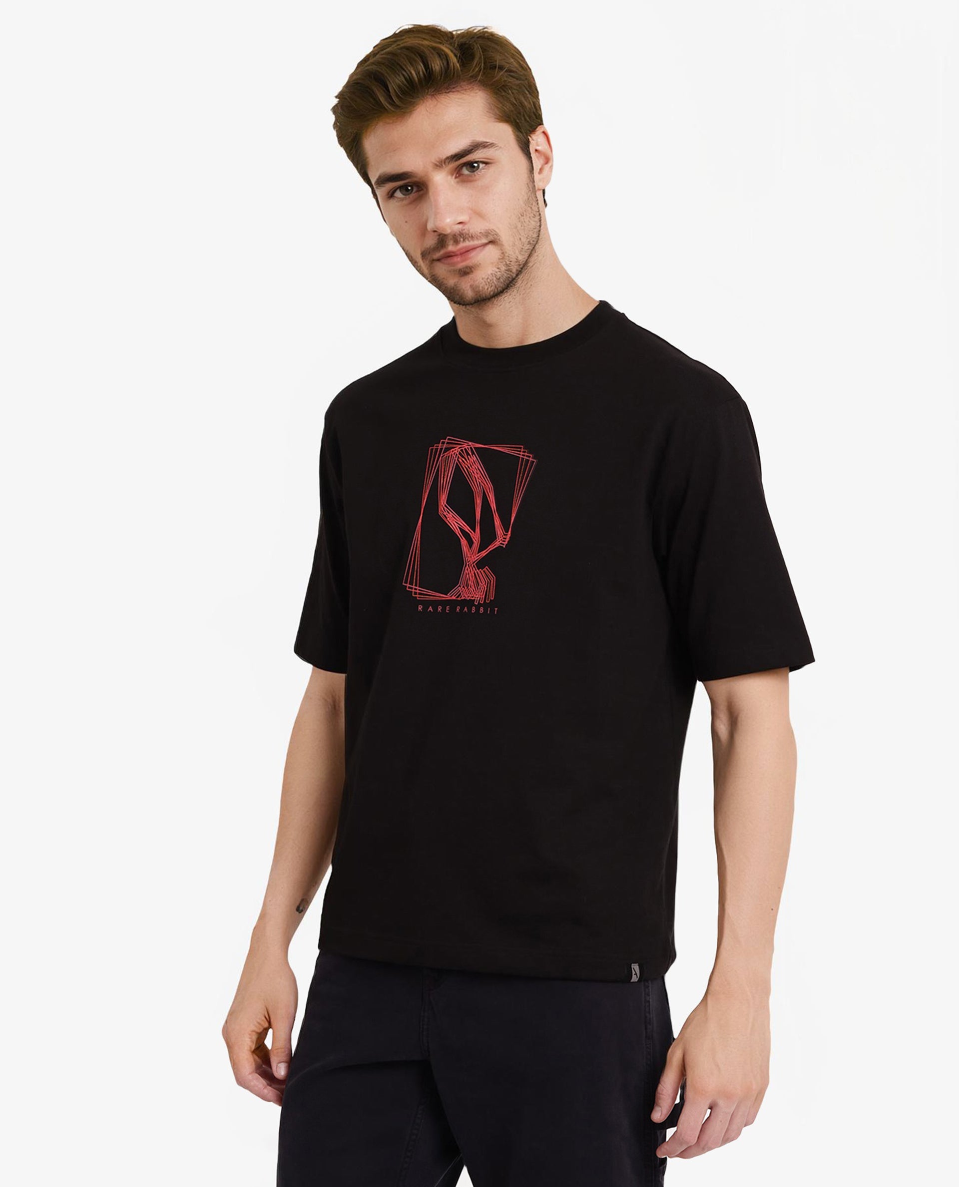 Rare Rabbit Men Que Black Cotton Fabric Short Sleeve Crew Neck Oversized Fit Graphic Logo Print T-Shirt