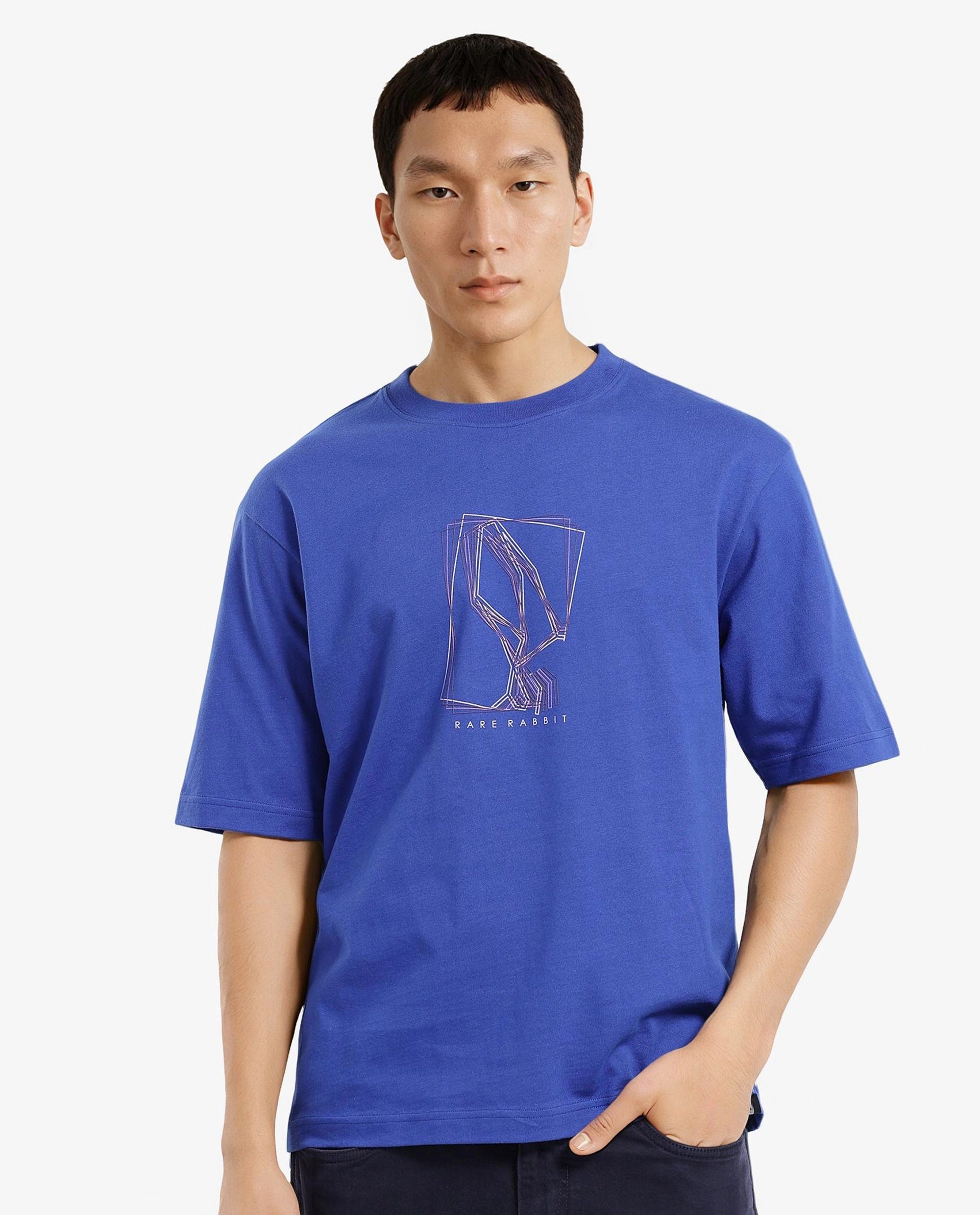 Rare Rabbit Men Que Blue Short Sleeve Crew Neck Boxy Fit Graphic Print T-Shirt