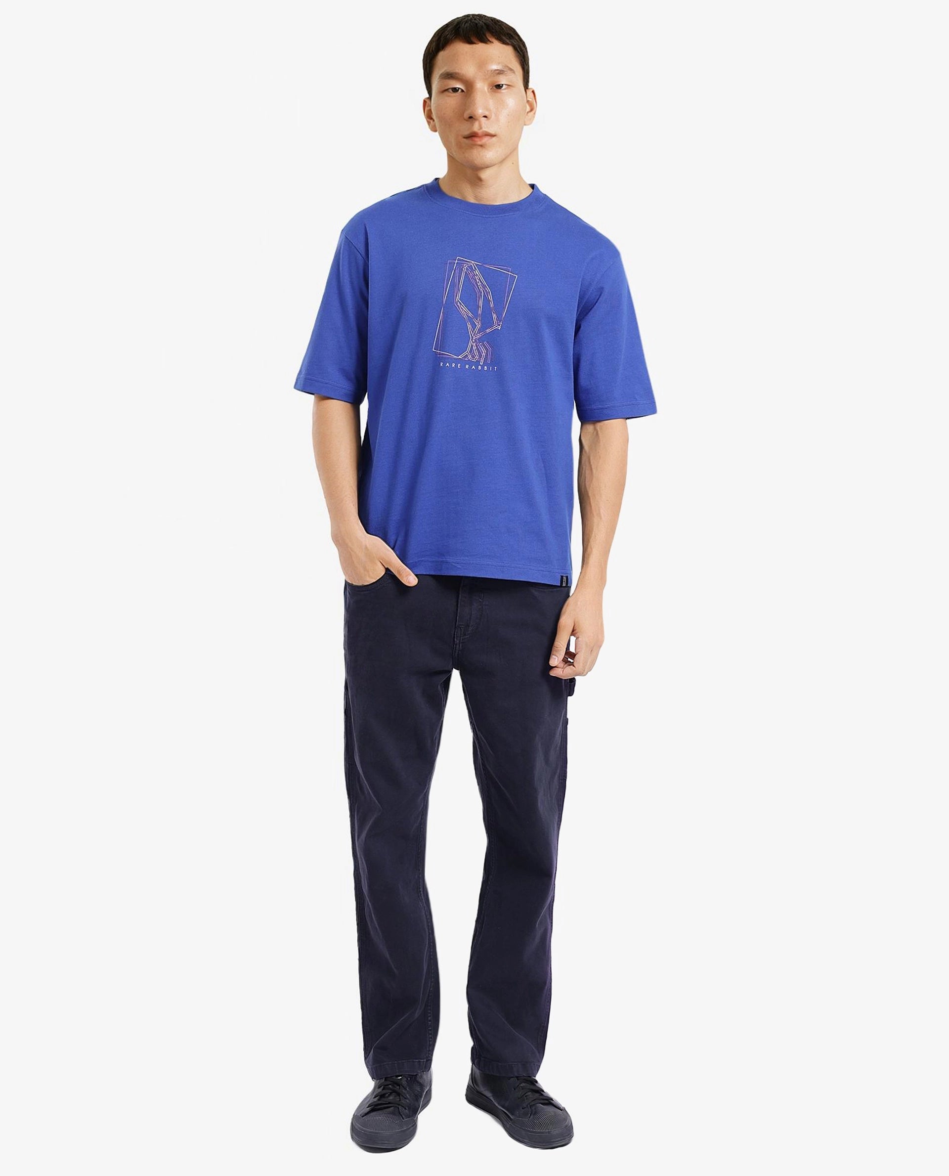 Rare Rabbit Men Que Blue Short Sleeve Crew Neck Boxy Fit Graphic Print T-Shirt