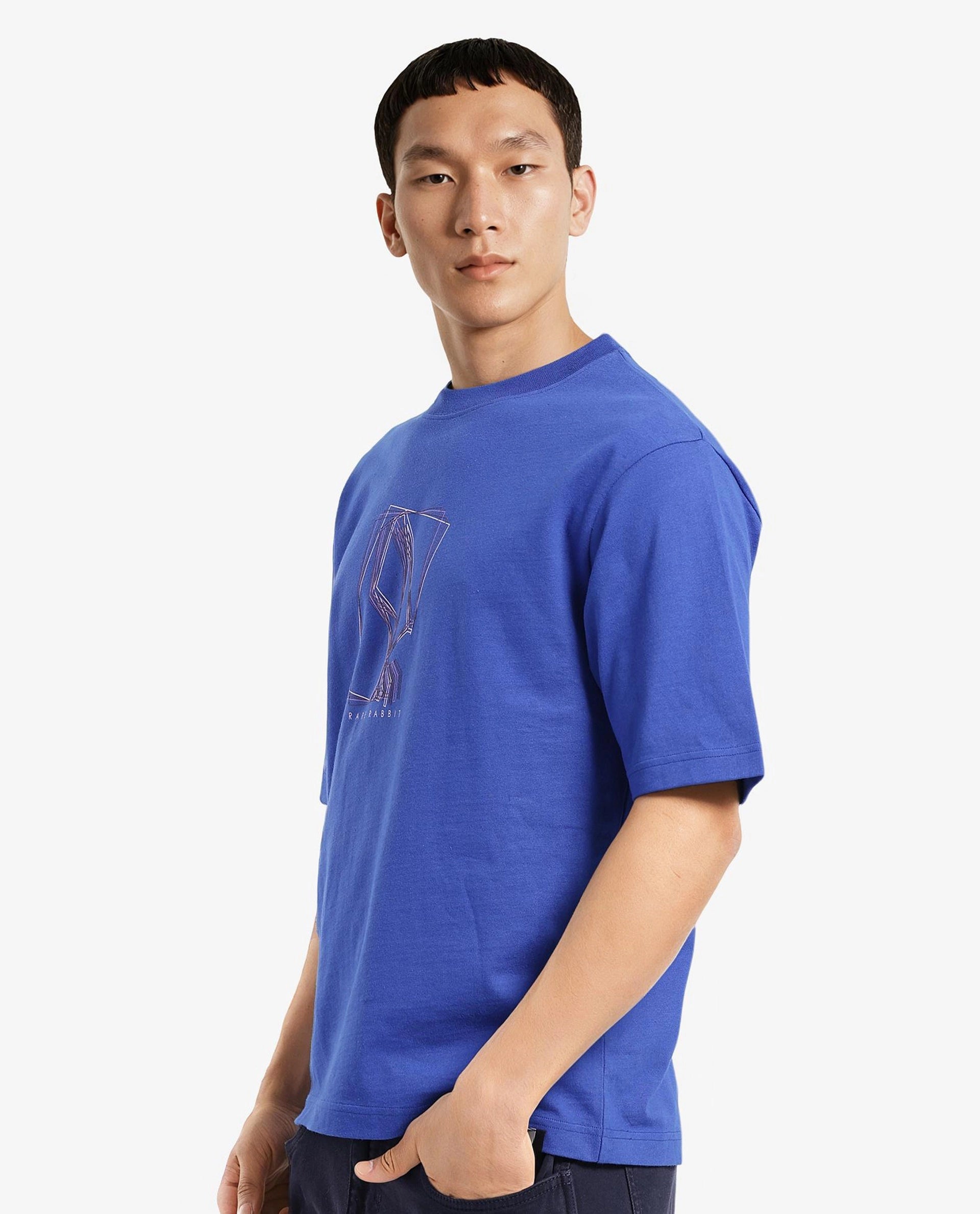 Rare Rabbit Men Que Blue Short Sleeve Crew Neck Boxy Fit Graphic Print T-Shirt