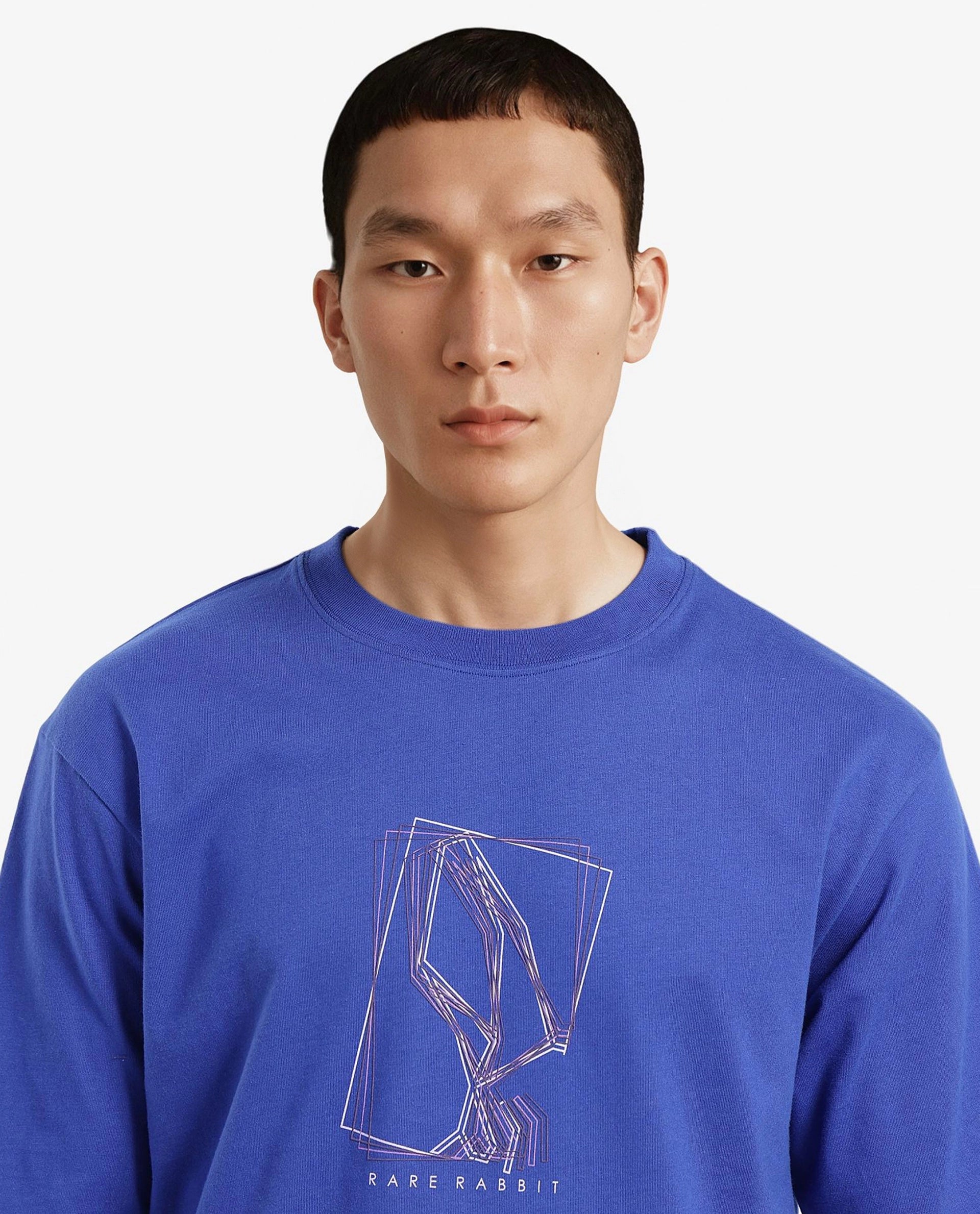 Rare Rabbit Men Que Blue Short Sleeve Crew Neck Boxy Fit Graphic Print T-Shirt