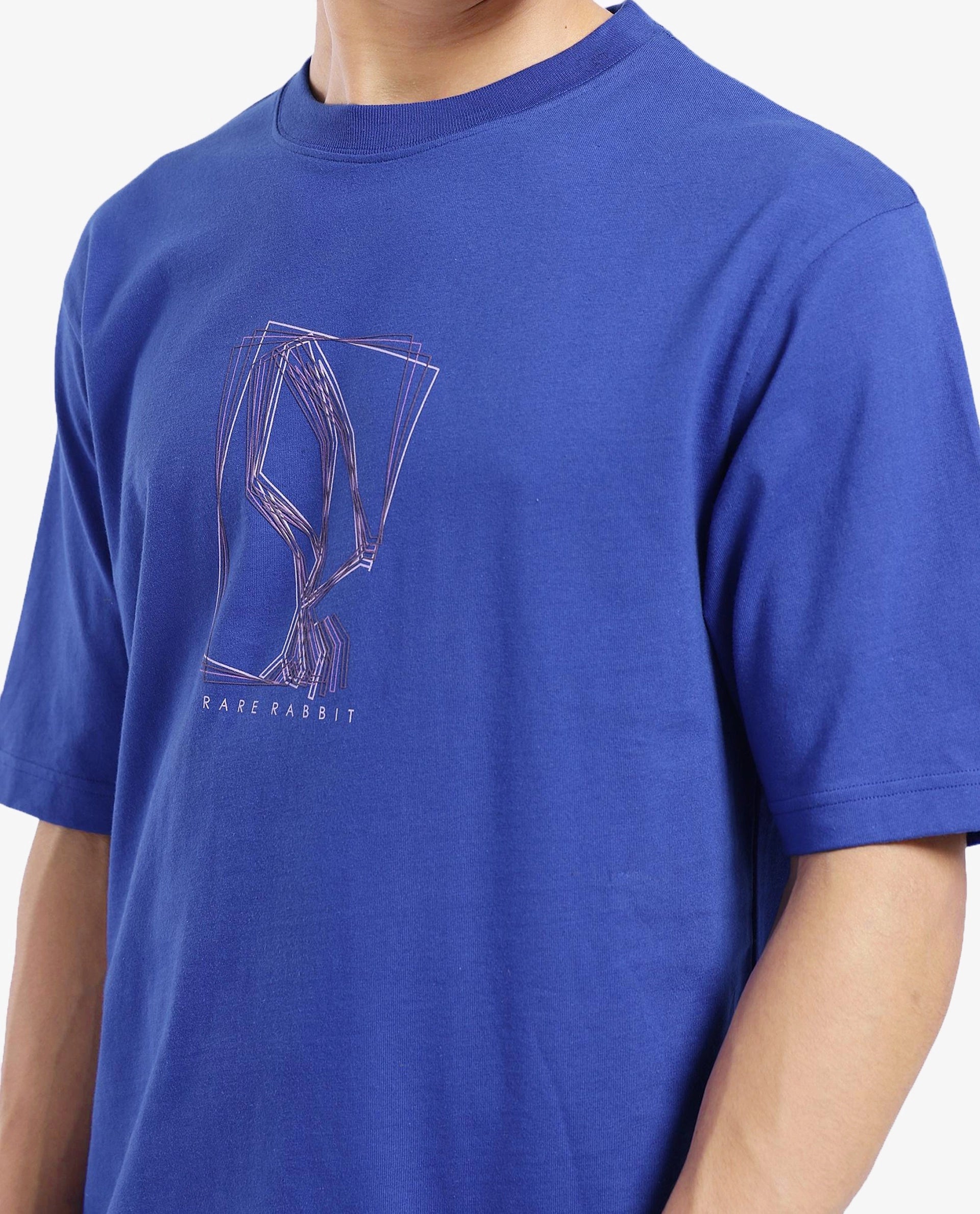 Rare Rabbit Men Que Blue Short Sleeve Crew Neck Boxy Fit Graphic Print T-Shirt