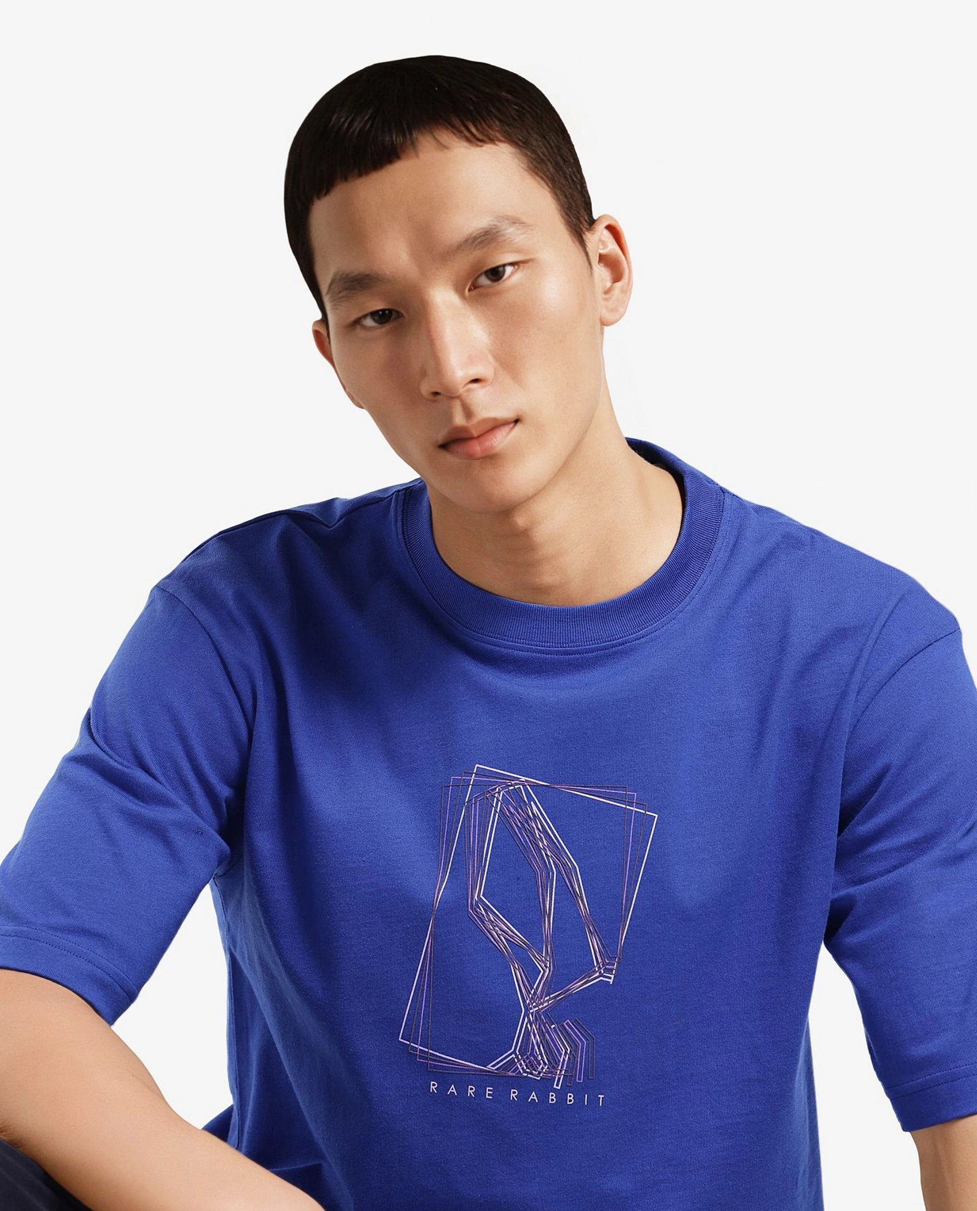 Rare Rabbit Men Que Blue Short Sleeve Crew Neck Boxy Fit Graphic Print T-Shirt