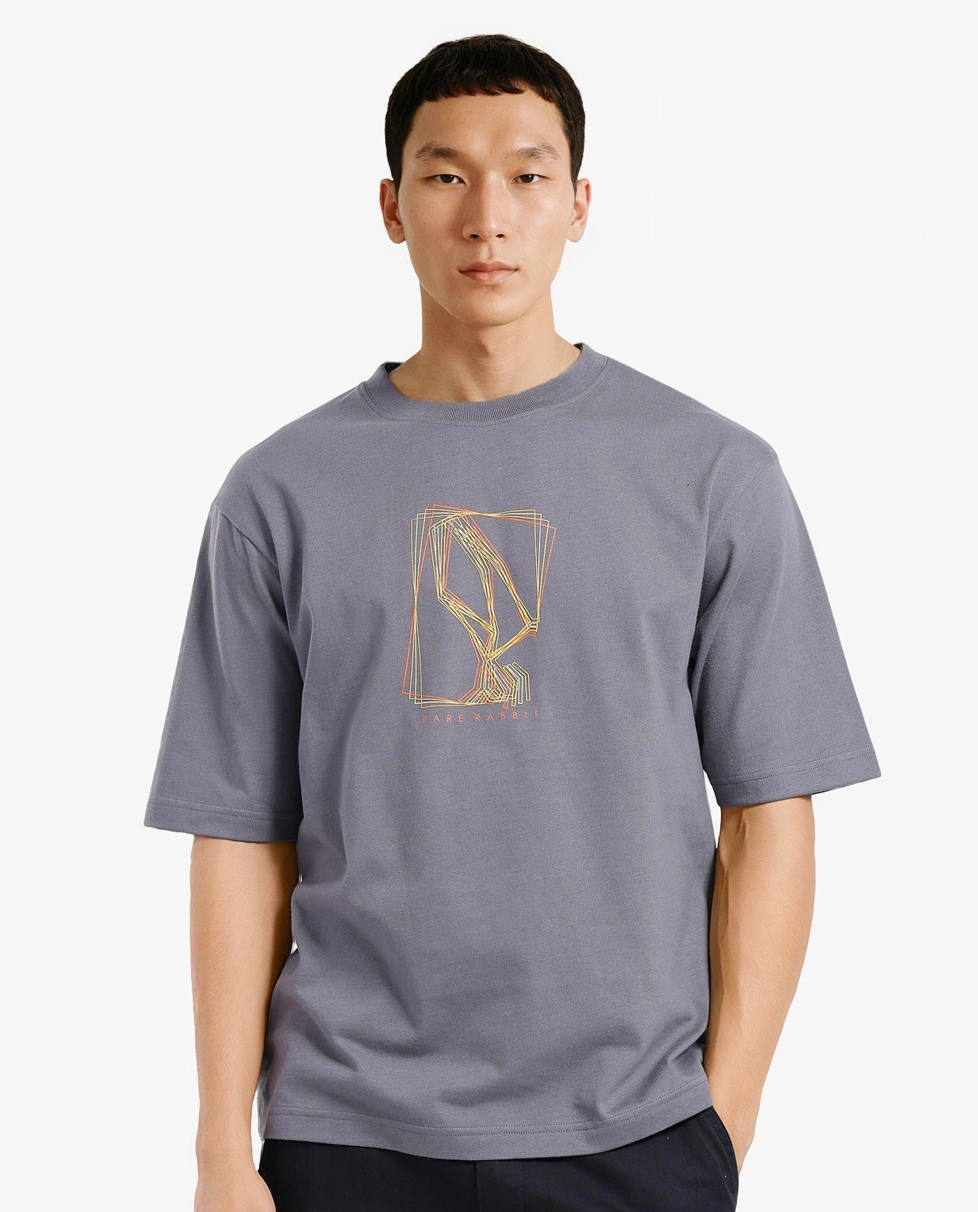 Rare Rabbit Men Que Grey Short Sleeve Crew Neck Boxy Fit Graphic Print T-Shirt