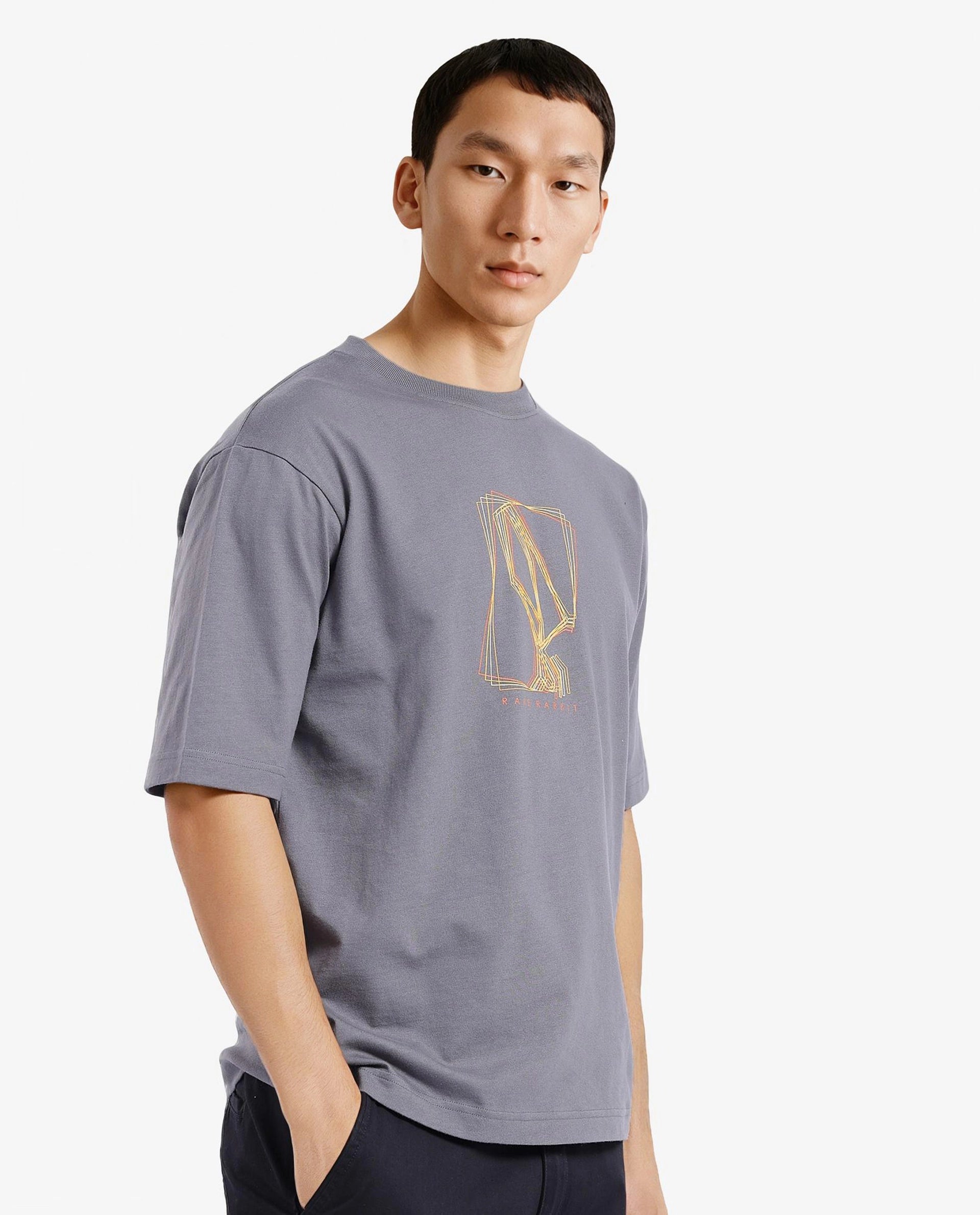 Rare Rabbit Men Que Grey Short Sleeve Crew Neck Boxy Fit Graphic Print T-Shirt