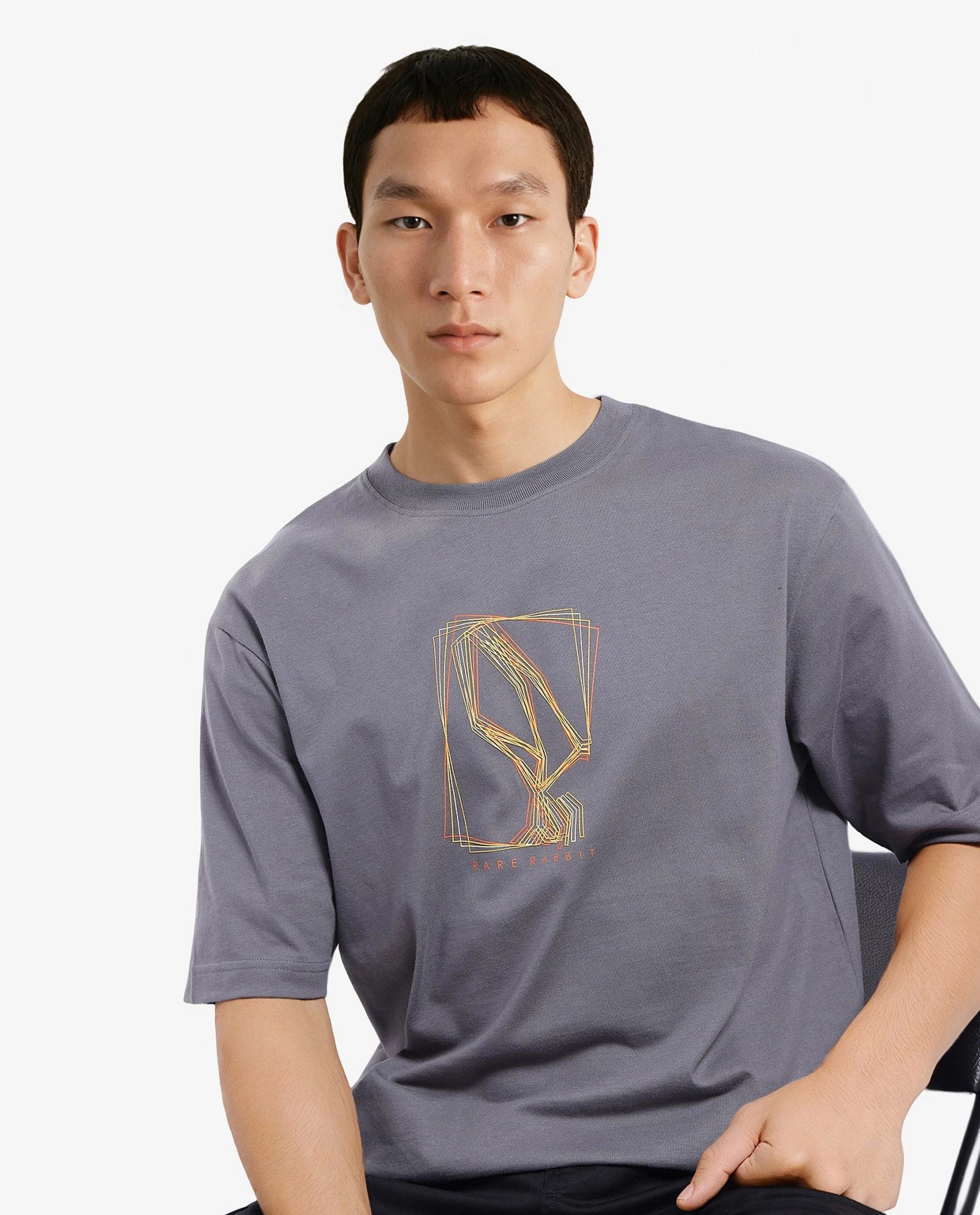 Rare Rabbit Men Que Grey Short Sleeve Crew Neck Boxy Fit Graphic Print T-Shirt