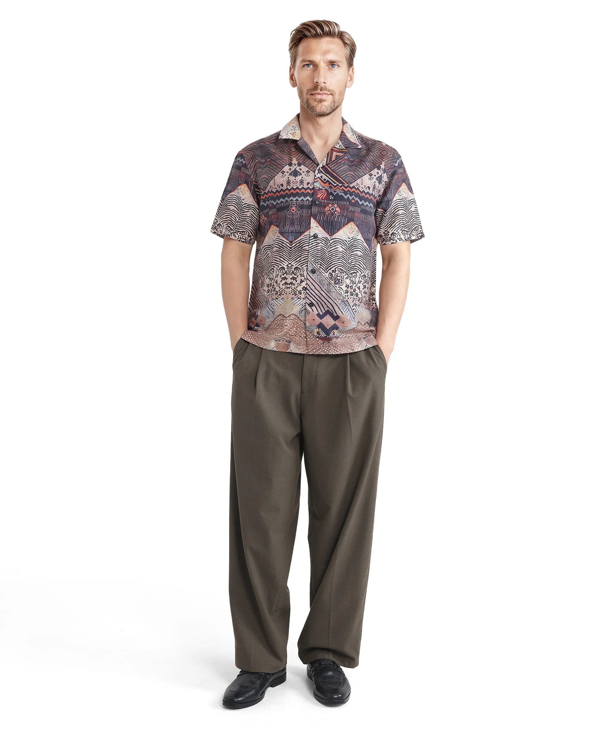 Rare Rabbit Men Quem Dark Brown Cotton Poly Blend Fabric Short Sleeve Cuban Collar Button Closure Boxy Fit Abstract Print Shirt