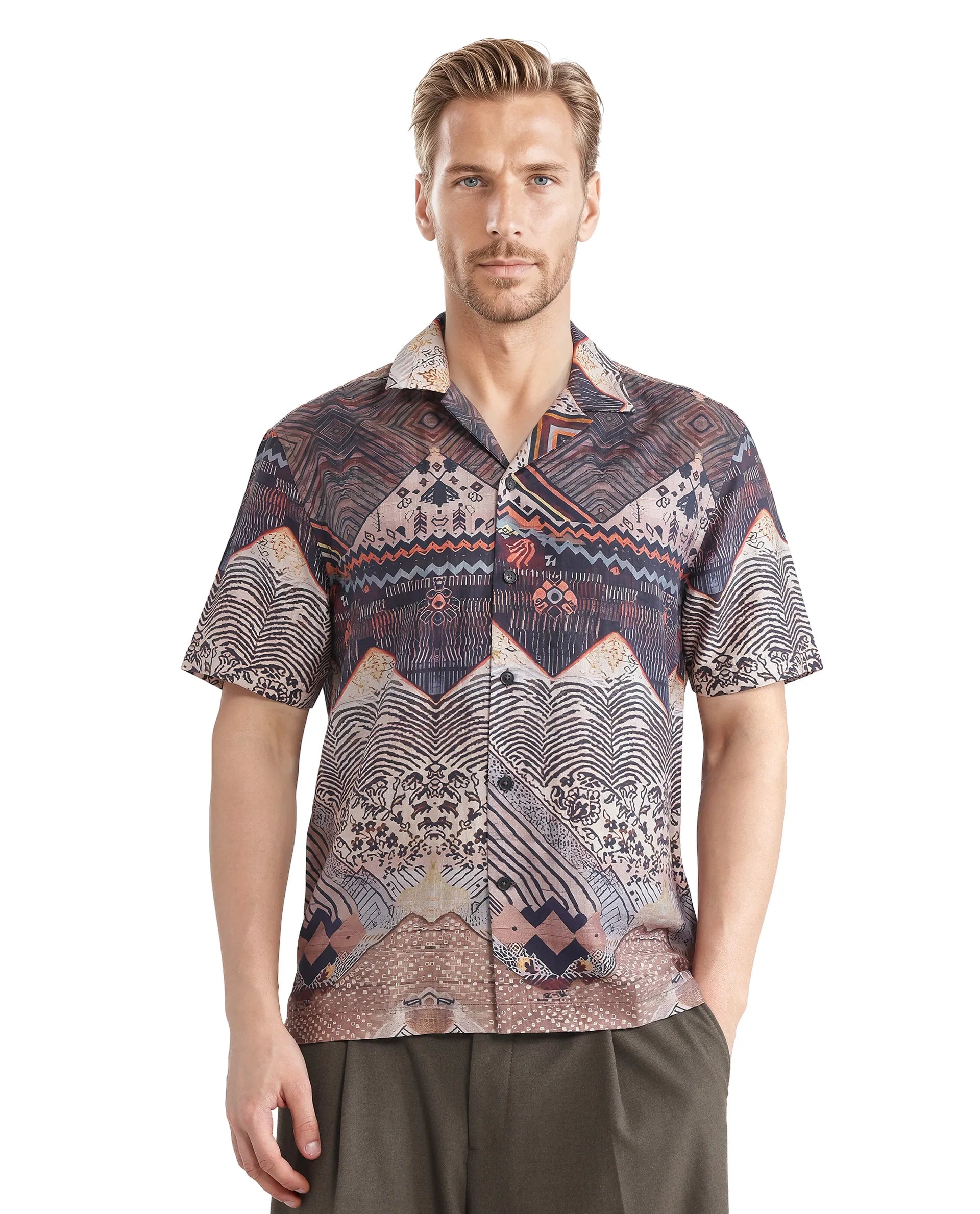 Rare Rabbit Men Quem Dark Brown Cotton Poly Blend Fabric Short Sleeve Cuban Collar Button Closure Boxy Fit Abstract Print Shirt