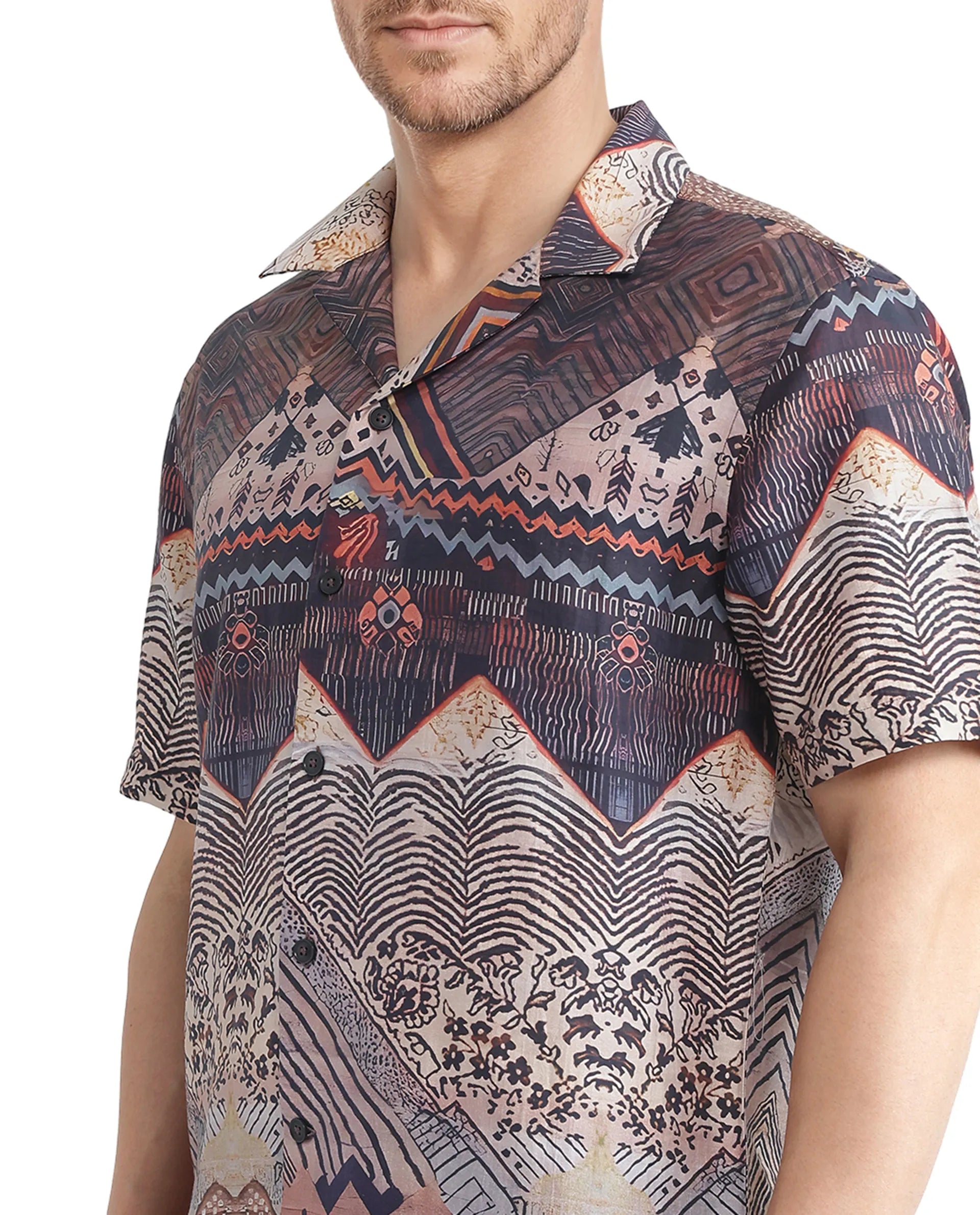 Rare Rabbit Men Quem Dark Brown Cotton Poly Blend Fabric Short Sleeve Cuban Collar Button Closure Boxy Fit Abstract Print Shirt
