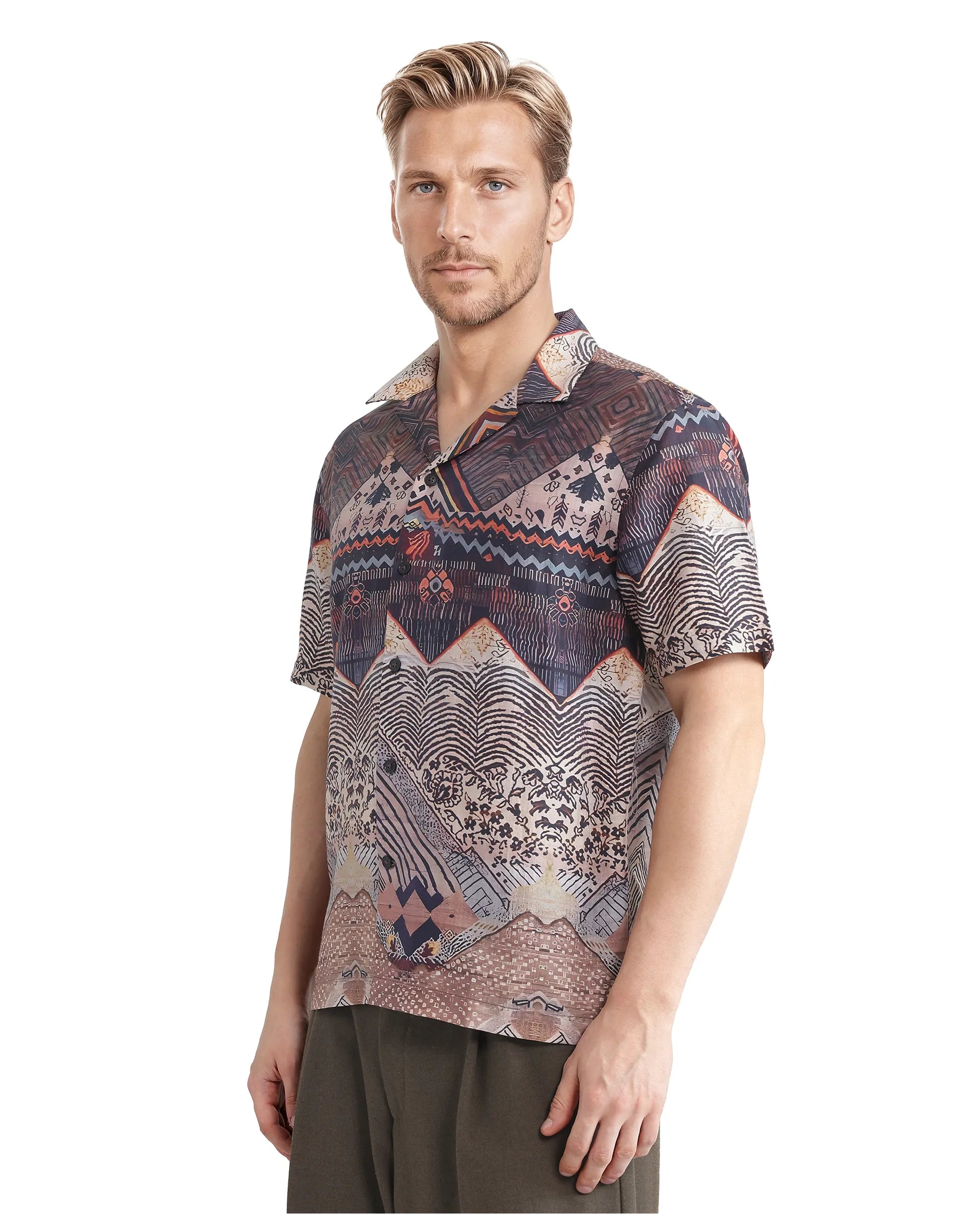 Rare Rabbit Men Quem Dark Brown Cotton Poly Blend Fabric Short Sleeve Cuban Collar Button Closure Boxy Fit Abstract Print Shirt