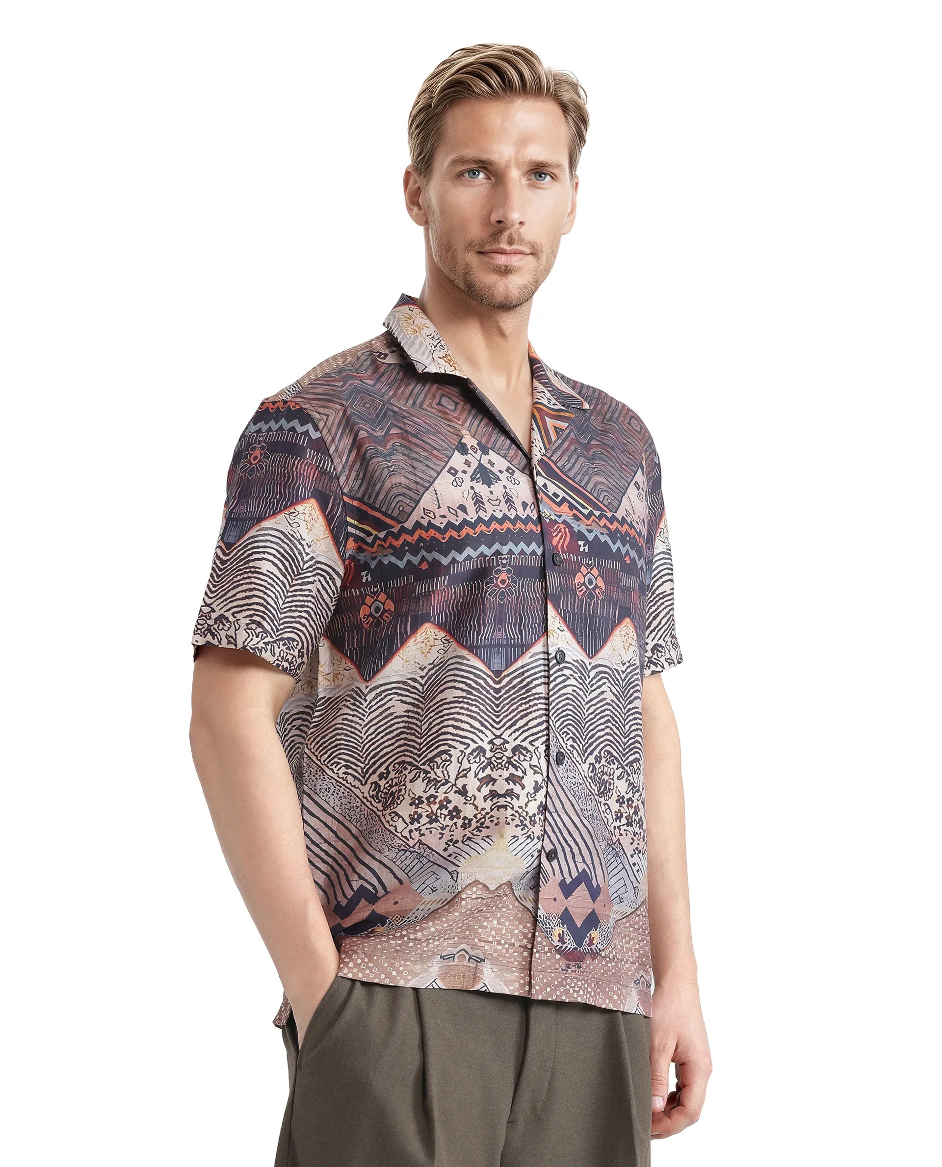 Rare Rabbit Men Quem Dark Brown Cotton Poly Blend Fabric Short Sleeve Cuban Collar Button Closure Boxy Fit Abstract Print Shirt