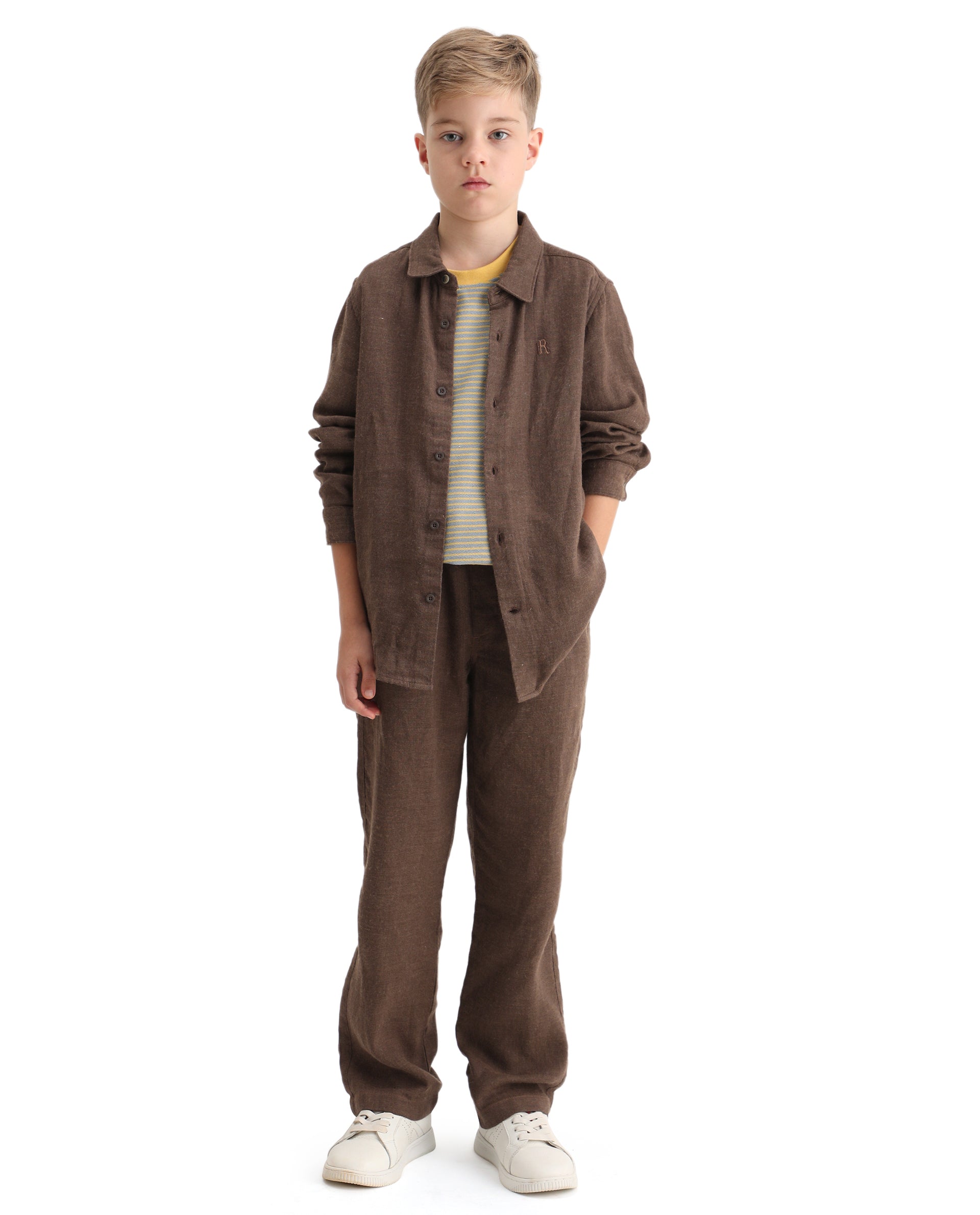 Rare Ones Kids Quen-B Brown Cotton Blend Solid Button Closure Regular Fit Trouser