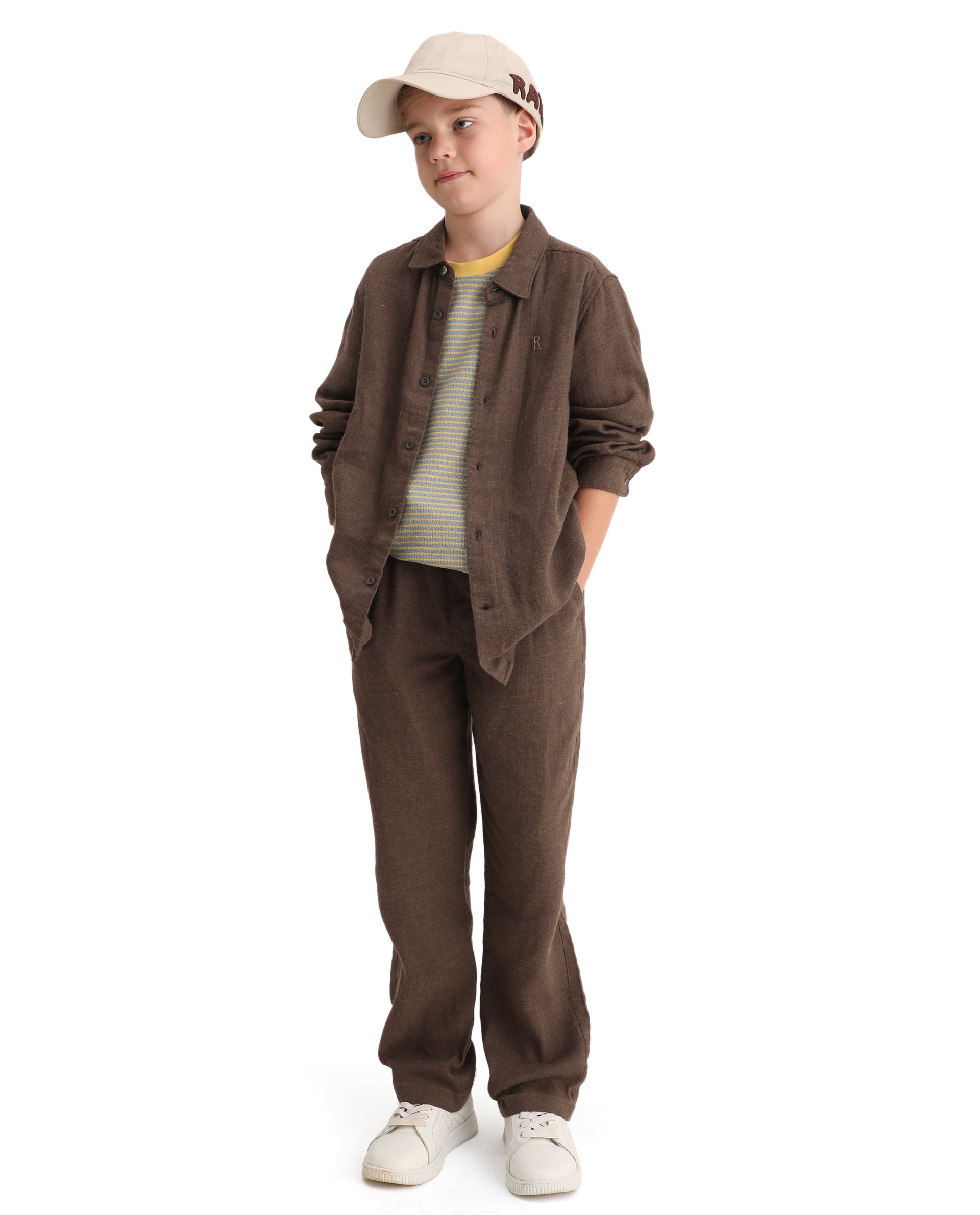Rare Ones Kids Quen-B Brown Cotton Blend Solid Button Closure Regular Fit Trouser