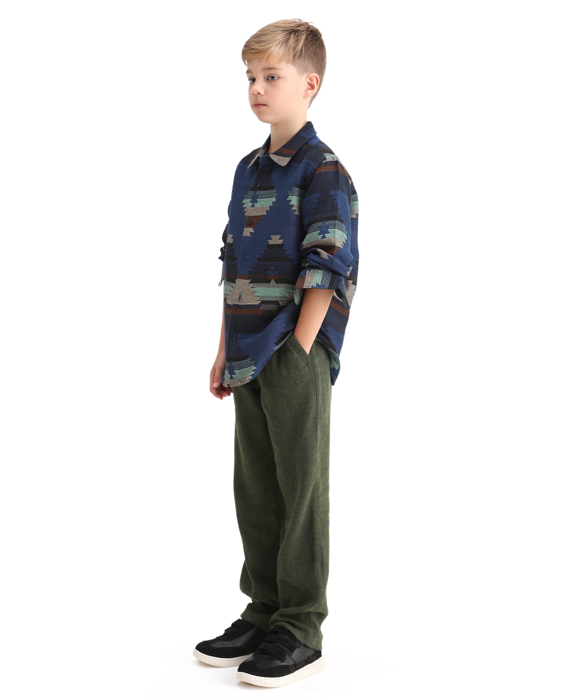 Rare Ones Kids Quen-B Green Cotton Blend Solid Button Closure Regular Fit Trouser