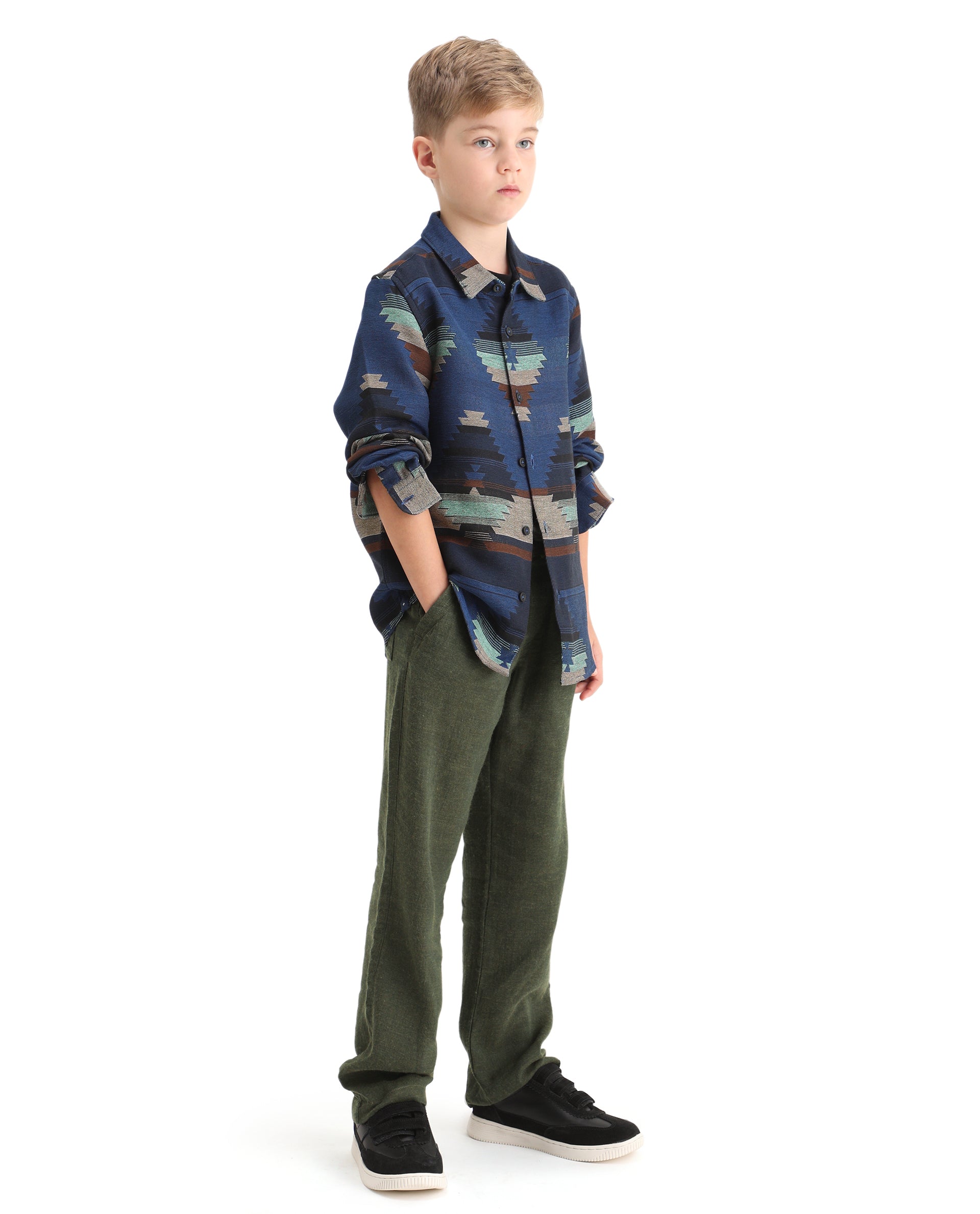 Rare Ones Kids Quen-B Green Cotton Blend Solid Button Closure Regular Fit Trouser