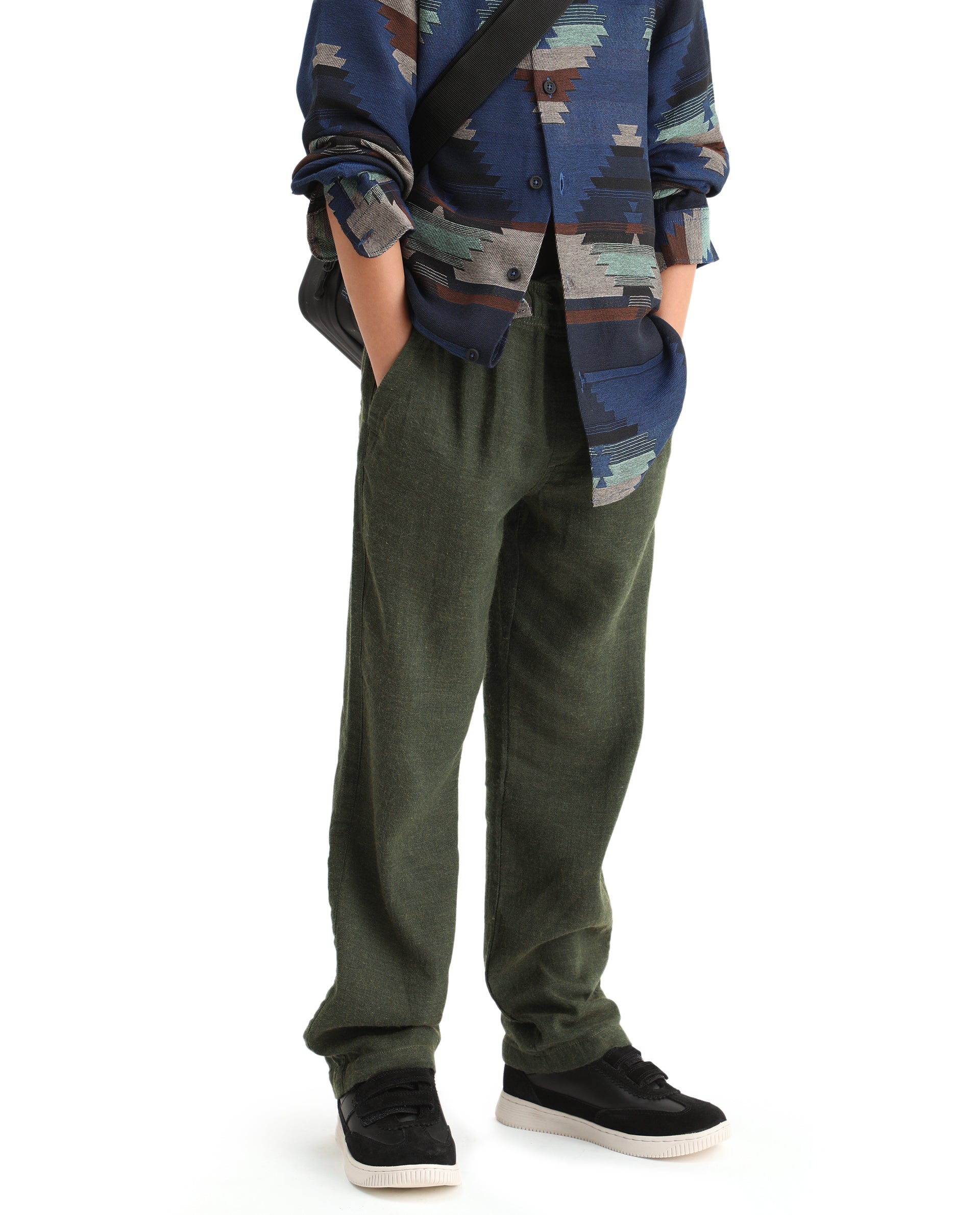 Rare Ones Kids Quen-B Green Cotton Blend Solid Button Closure Regular Fit Trouser