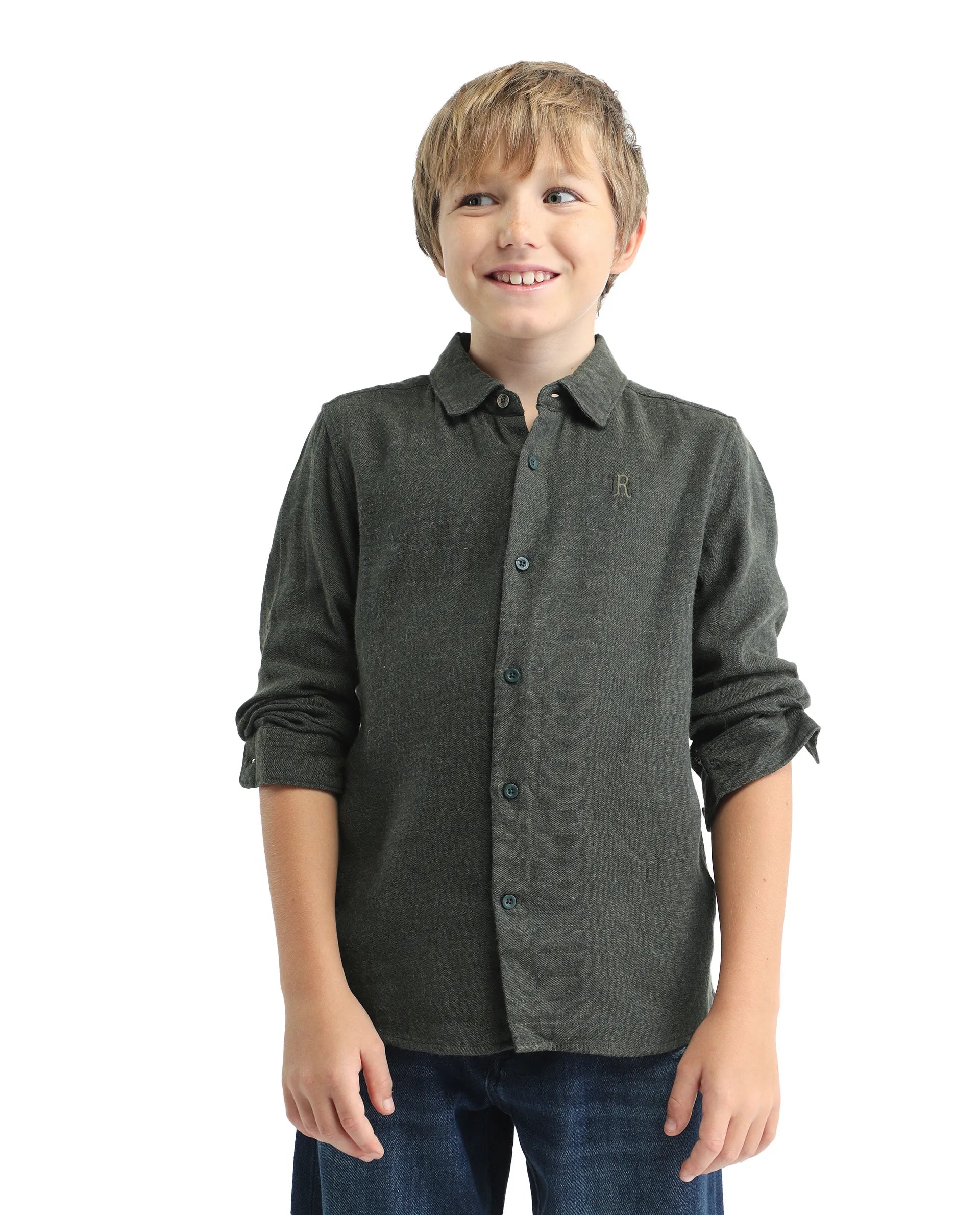 Rare Ones Kids Quen-S Green Cotton Blend Solid Button Closure Regular Fit Shirt