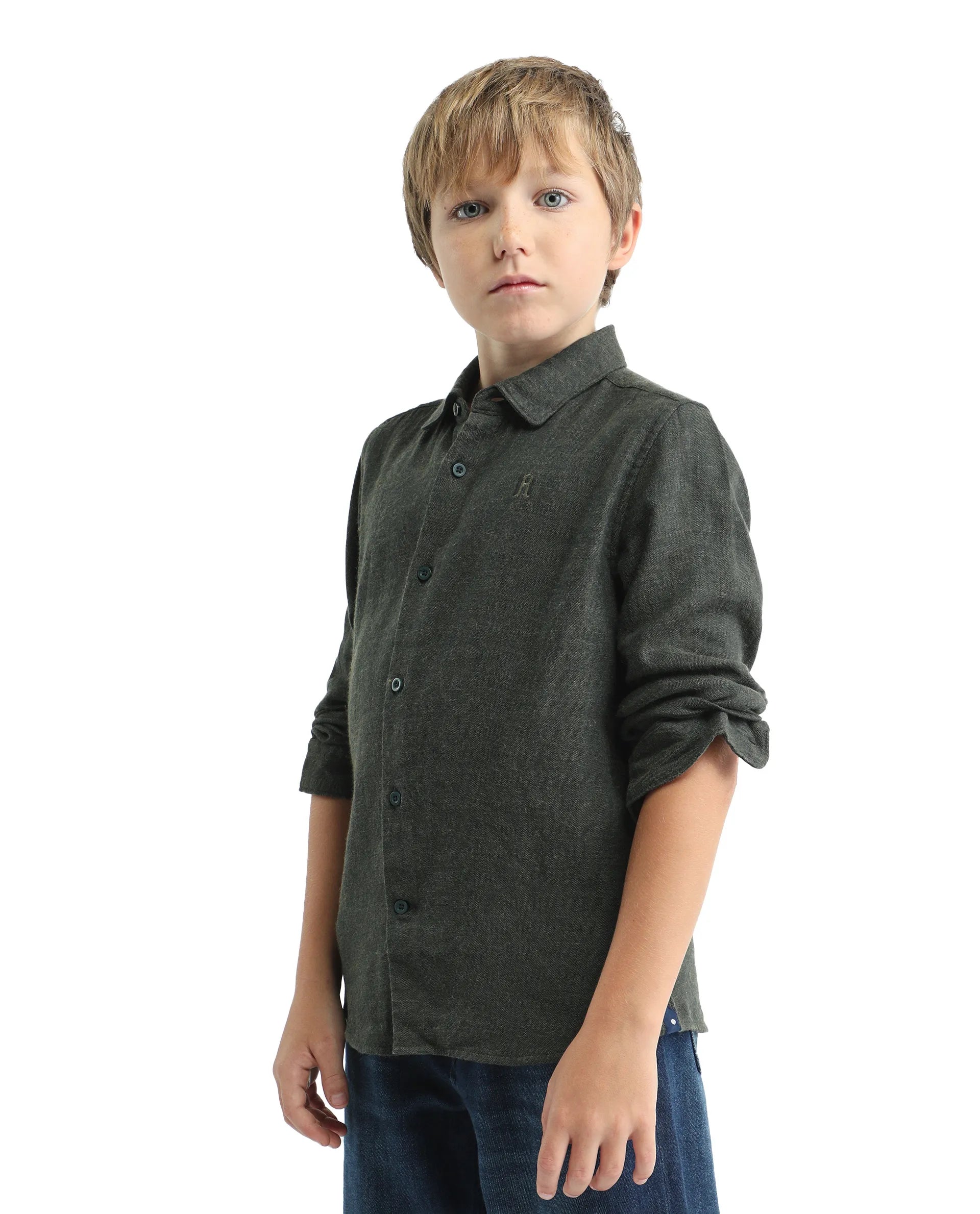 Rare Ones Kids Quen-S Green Cotton Blend Solid Button Closure Regular Fit Shirt