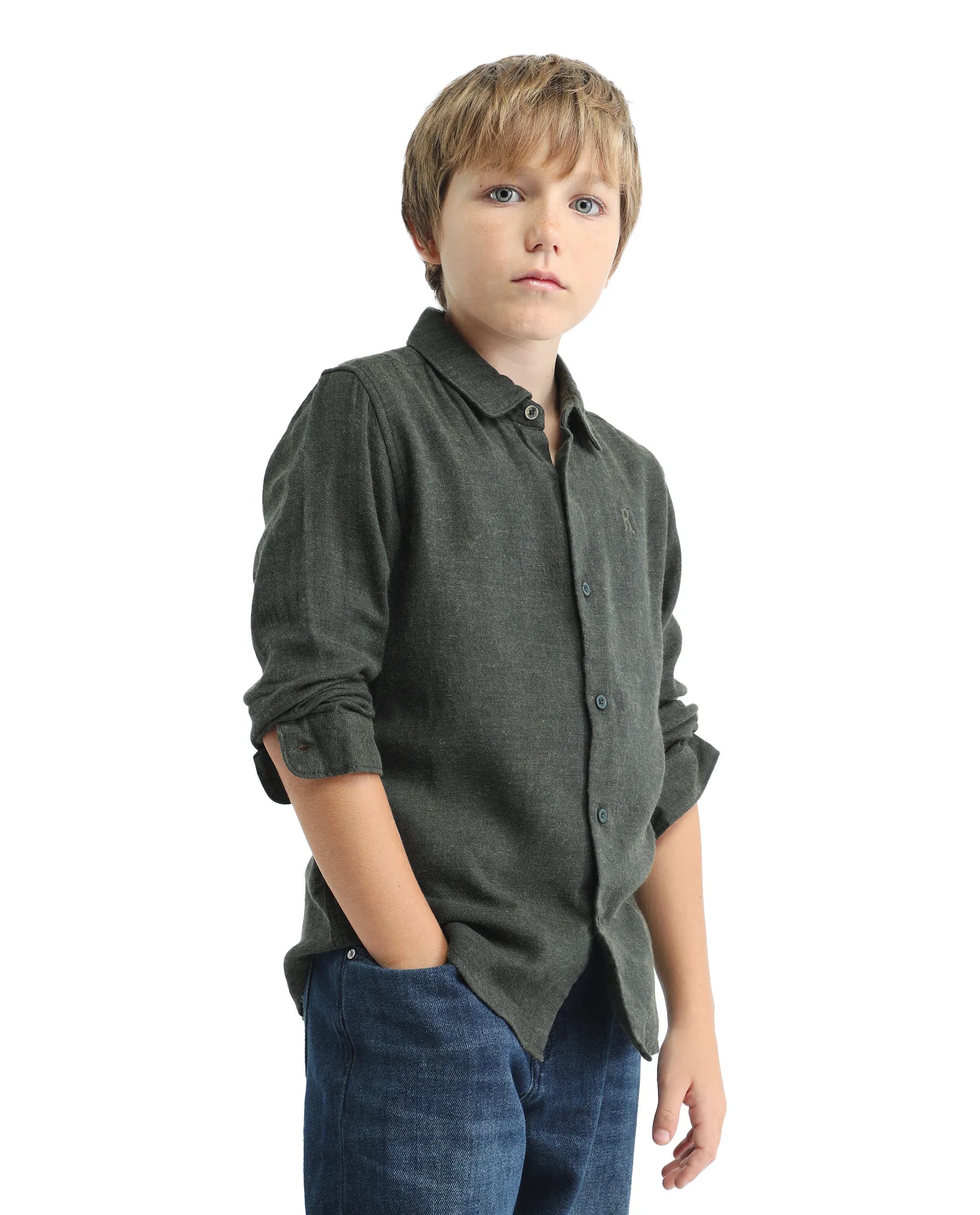 Rare Ones Kids Quen-S Green Cotton Blend Solid Button Closure Regular Fit Shirt