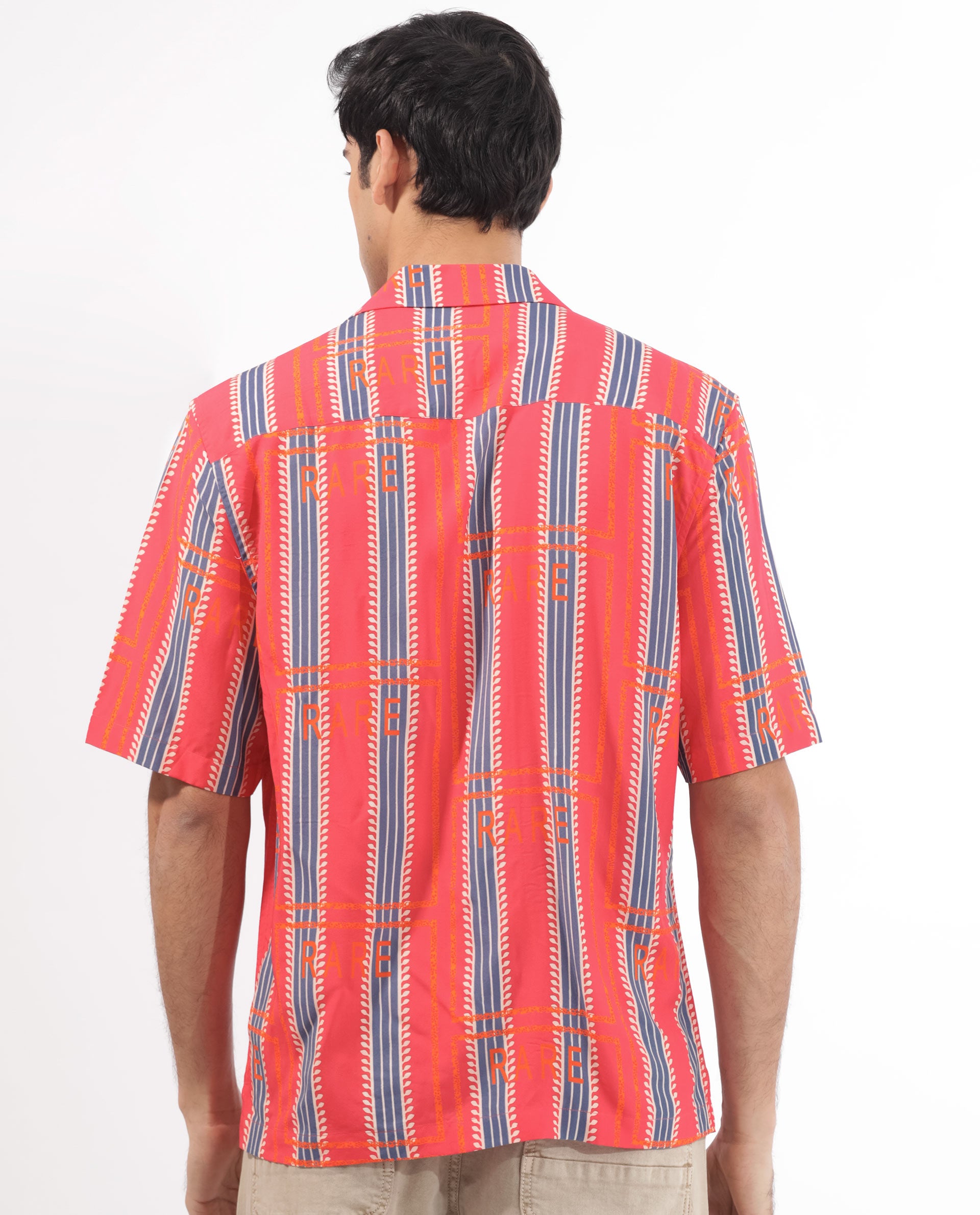 Rare Rabbit Mens Quena Red Viscose Fabric Cuban Collar Half Sleeves Boxy Fit Geometric Stripe Print Shirt